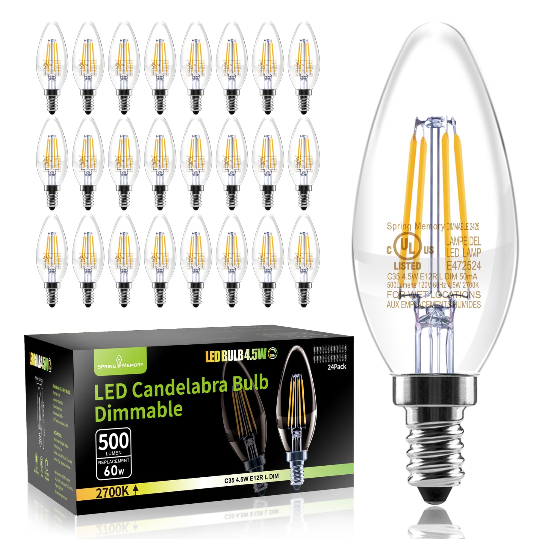 Spring Memory 24 Pack E12 Dimmable 60W Equivalent LED Chandelier Light Bulbs, 4.5W Clear 2700K Soft Warm White 500LM B11 Vintage