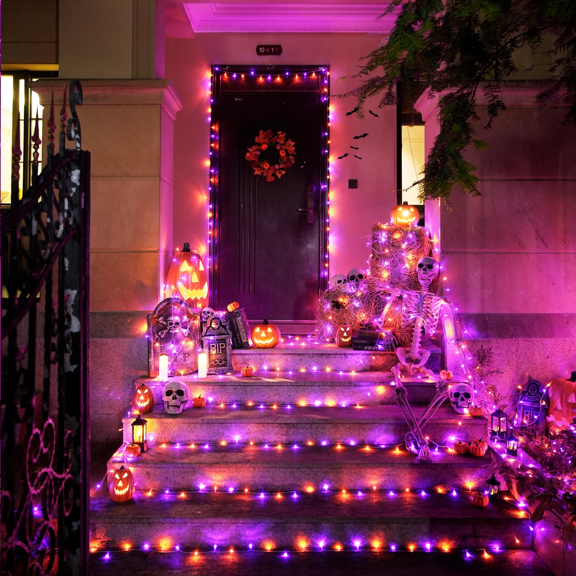Jmexsuss 33Ft 100 Led Halloween String Lights, Orange & Purple, Waterproof, 8 Modes, Clear Wire, Model Exs-S-0100