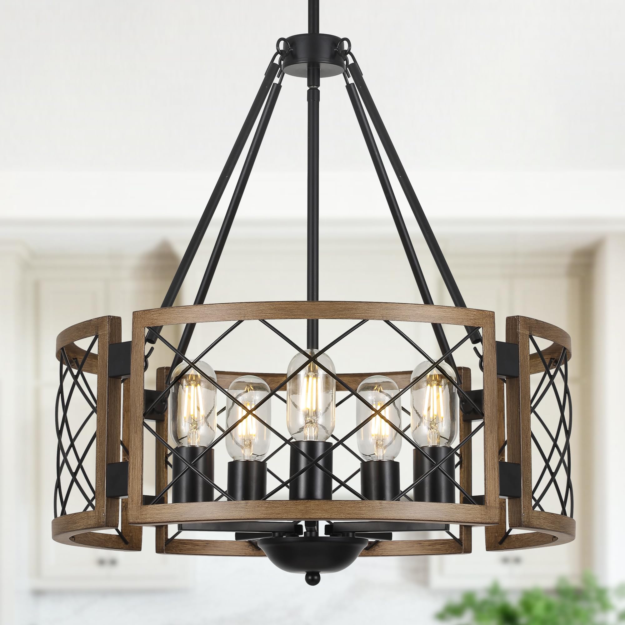 Sigaitwei 5-Light Farmhouse Chandelier Brown Rustic Chandelier for Dining Room Wood Texture Adjustable Pendant Light,Drum Chande