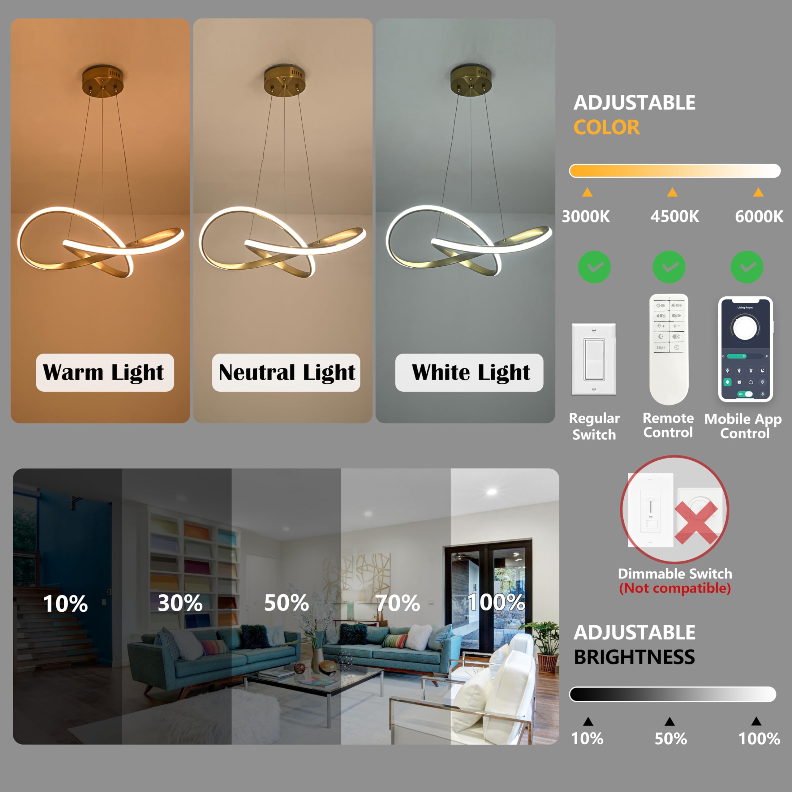 Mccokaige 20in Gold Modern LED Chandelier, Dimmable, H79 Adjustable, Metal, Model SYC-55-J