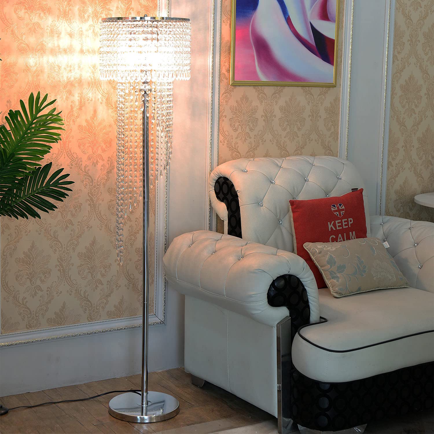 beaysyty Chrome Finish Floor Lamp with Crystals - 3 Lights for Reading Corner, Office, Cafe, Living Room, Bedroom - Silver