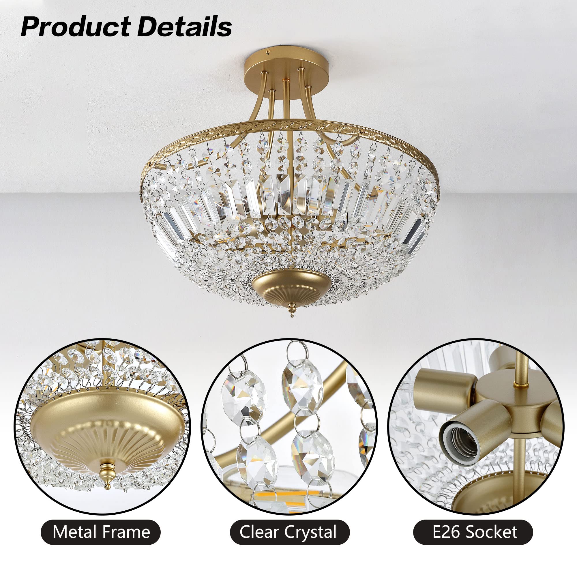 WINGBO 5-Light Crystal Ceiling Light Fixture, Modern Raindrop Chandelier, 19.5 Inch, Gold