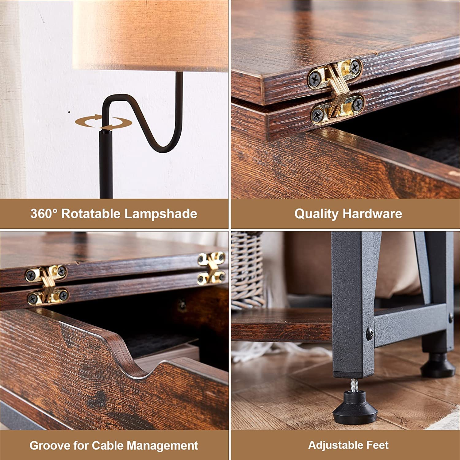 Dungoo Floor Lamp with Table, Rustic Brown End Table with USB, Type-C Ports & 2 Outlets, Model DG-BG-GM