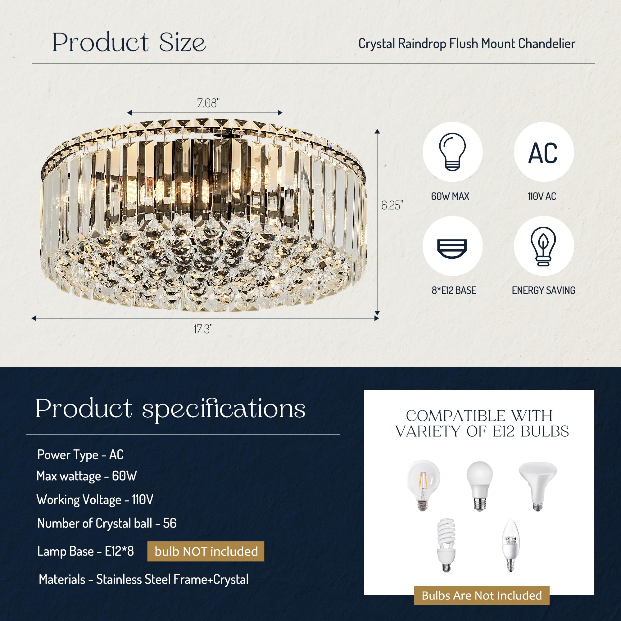 Faibra 17.3" Black Raindrop Crystal Flush Mount Ceiling Light, Modern Chandelier for Dining Room, Bedroom, Kitchen & Living Room