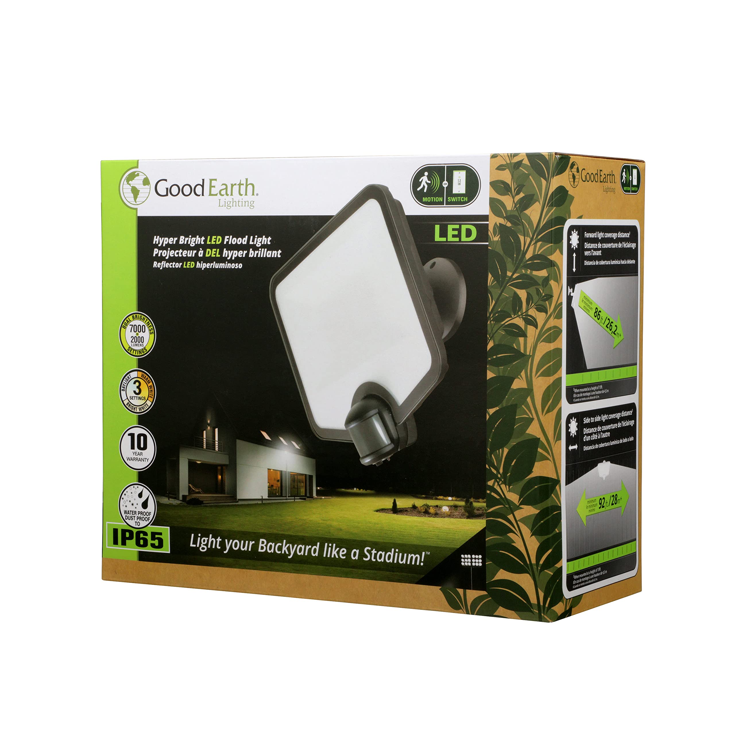 Good Earth Lighting Hyper Bright LED Motion Activated Security Flood - Bronze  2000 or 7000 Selectable Lumens  3000K/4000K/5000K Color Selectable Temperature  IP65 Rated-New