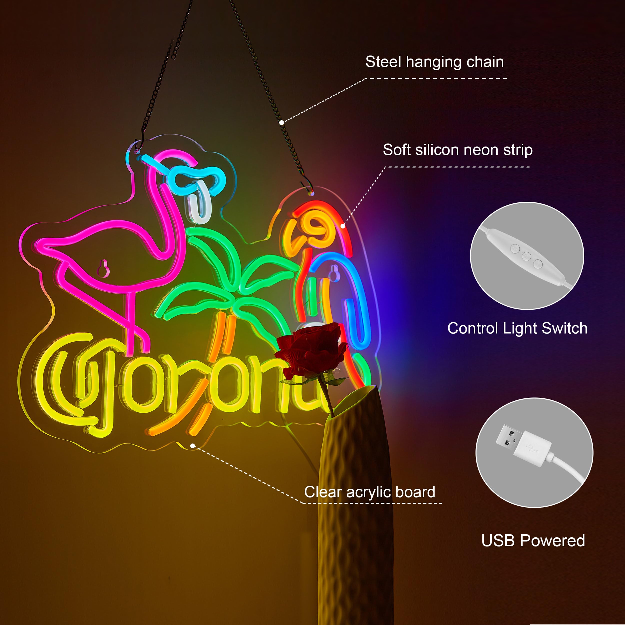 Duoweoy Flamingo And Parrot Coro Neon Sign For Wall Décor Dimmable Beer Bar Led Man Cave Neon Light Usb Powered Neon Art Signs Decor Gifts