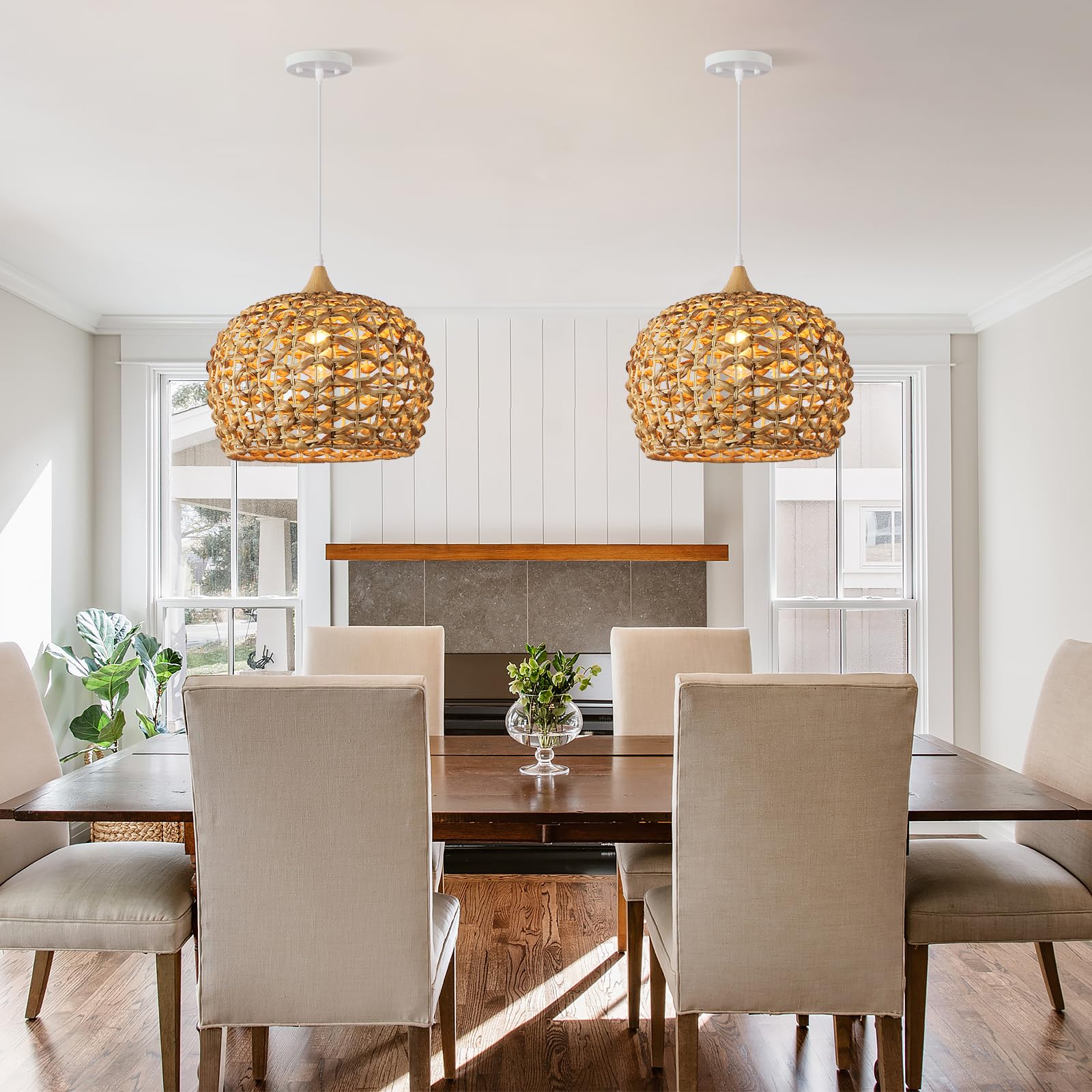 Karjearl Boho Pendant Lights, 15.7'' 1-Light Rattan Chandelier Hand-Woven Wicker Pendant Light With Water Hyacinth Shade, Coasta