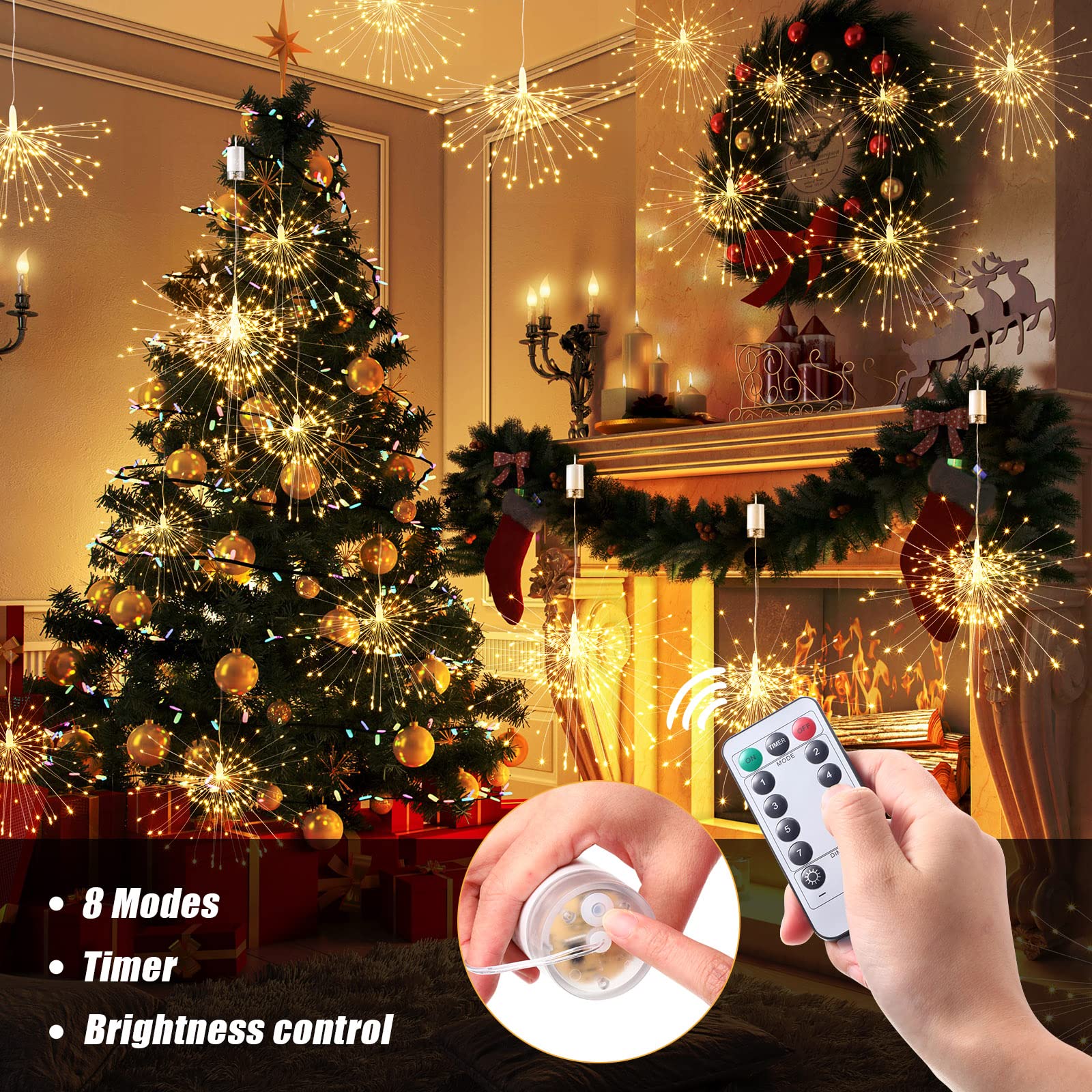 Tuanse 8 Pack Starburst Lights, LED Firework Fairy Lights Outdoor Hanging Battery Operated with Remote Control 120 LED 8 Modes f