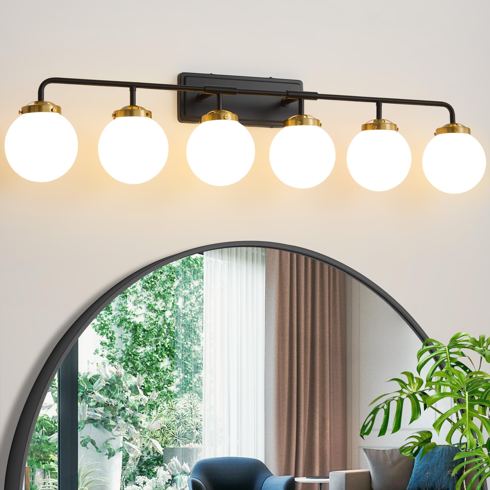 Deyidn Black Gold Bathroom Light Fixtures Over Mirror  Modern Vanity Lighting With Milk White Glass Globe Shades 6-Light Farmhouse Wall Sconce