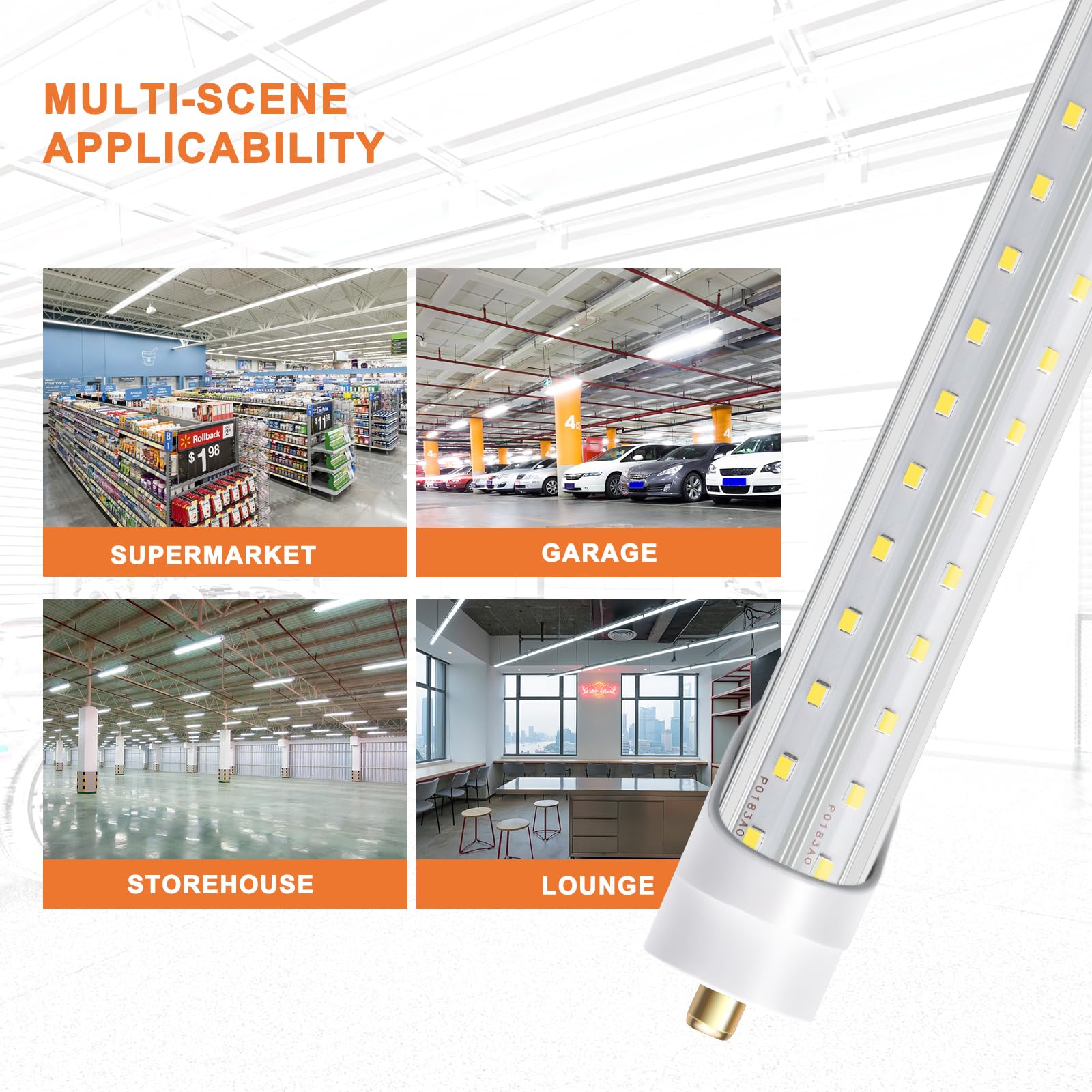 ONLYLUX 8ft LED Shop Light Bulbs, 72W 6000K, 10000lm, V Shape FA8, Pack of 12, Clear Cover