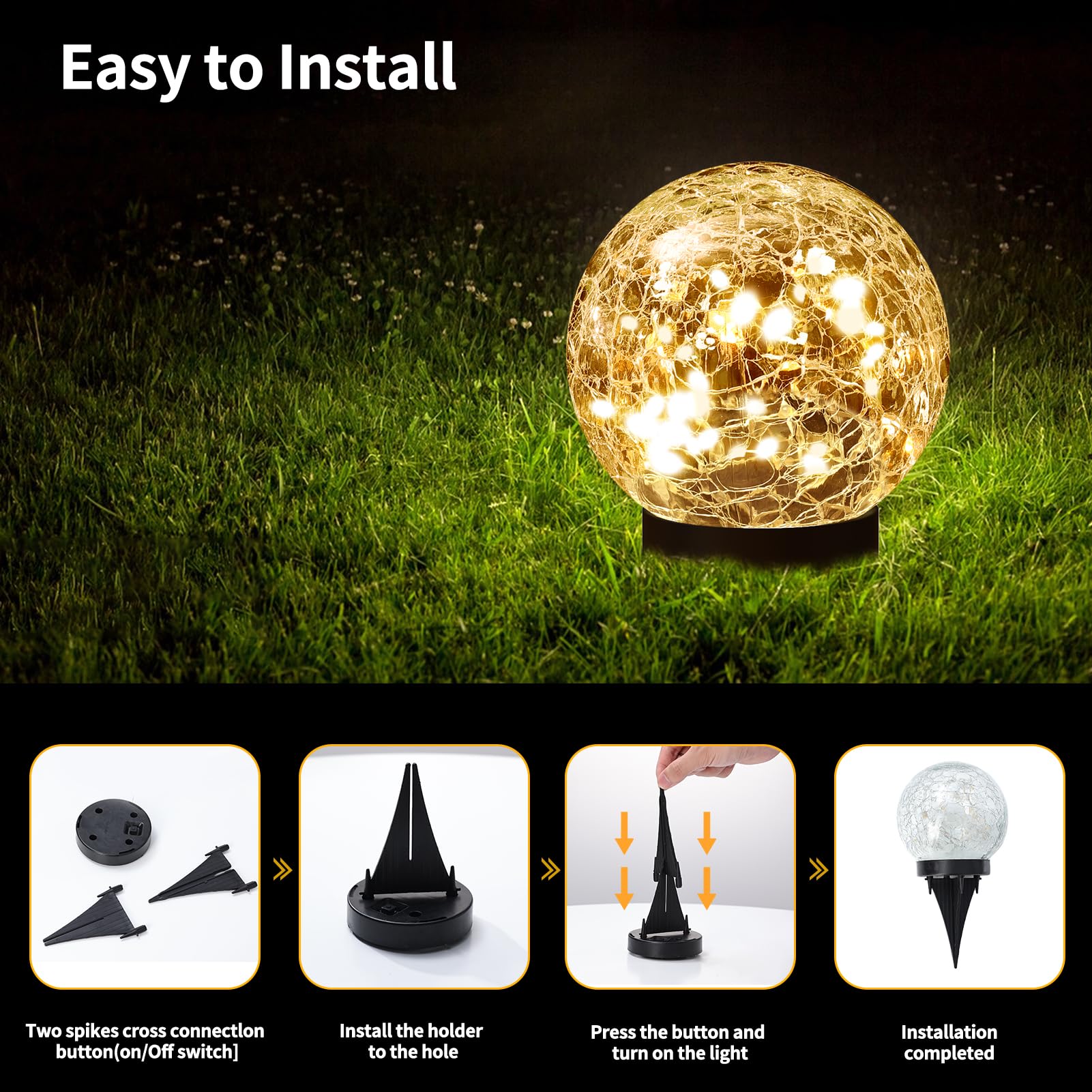 JKIMK Solar Globe Lights - Waterproof  ed Glass Balls, Warm White, 4 Globes, Model GUO-XBQ-2-2-2, Outdoor Patio & Yard Decor