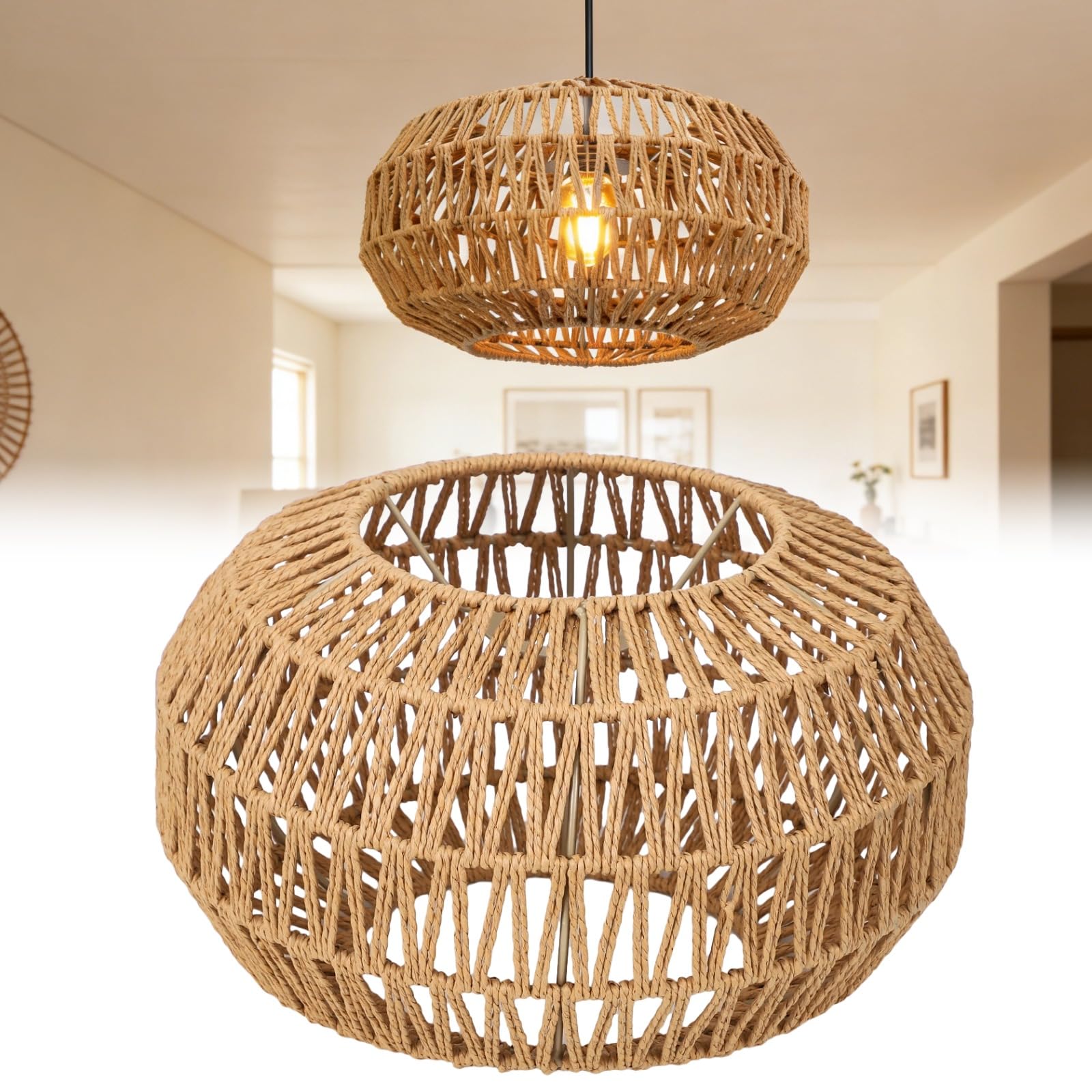 Pendant Light Shade,11.81 x 7.19 in Rattan Lamp Shade Woven Natural Paper Rope Lamp Shades,Handmade Rustic Boho Ceiling Lights C