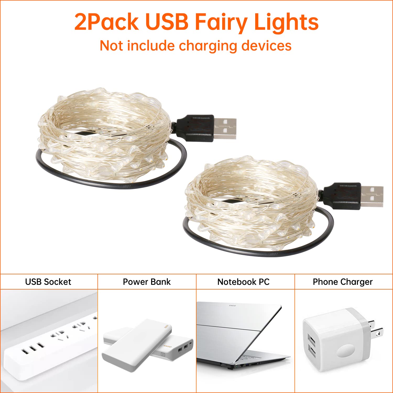 Blingstar Orange USB Powered Fairy Lights, 33Ft 100 LED Silver Wire String Lights for Halloween & Christmas Indoor Decoration