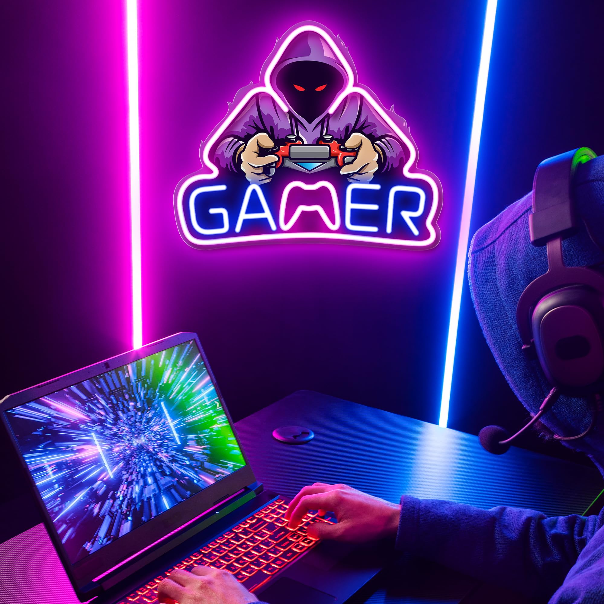 Kavaas Gamer Neon Sign - UV Printed LED Wall Decor for Gamer Room, 15.35 x 13.1 inches, B_Gamer Hacker - Perfect Gift for Boys