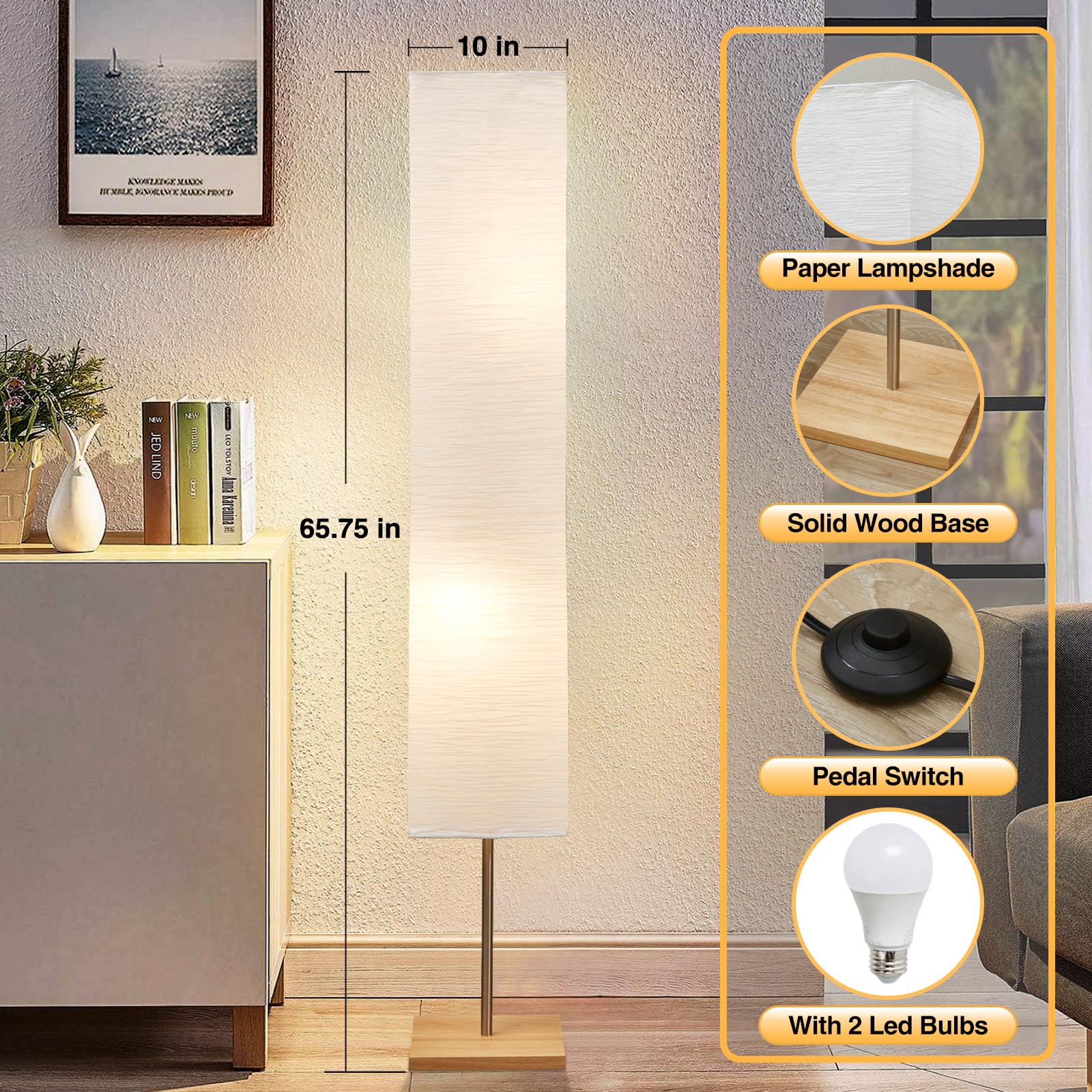 GyroVu 65" Dimmable Floor Lamp for Living Room & Office - Burlywood Base, 3 Color Light, Model G-1FL-23001, Bulbs Included