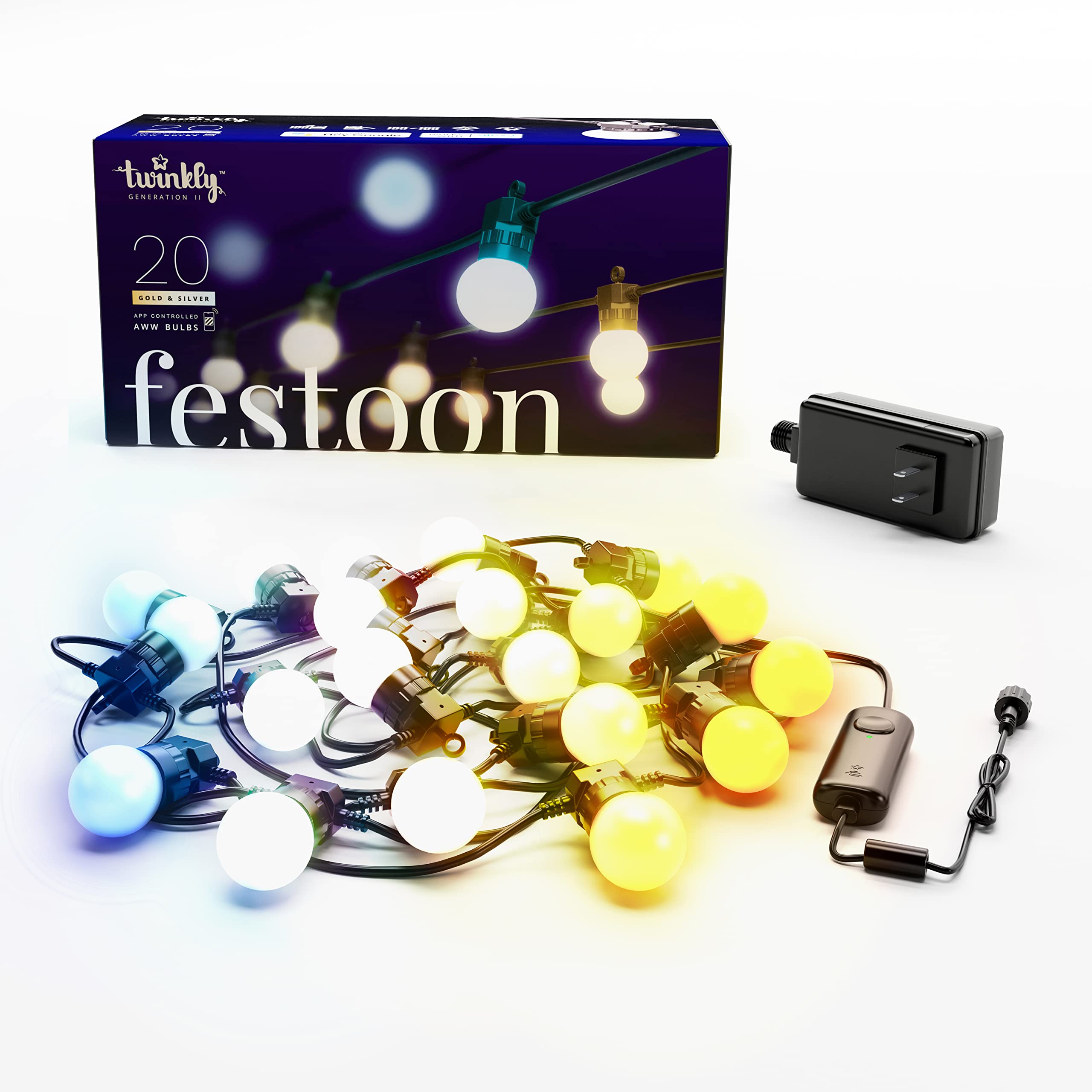 Twinkly Festoon Light Chain with 20 White LEDs, 33ft Outdoor/Indoor, IP44, Alexa/Google Home Compatible, Black Cable