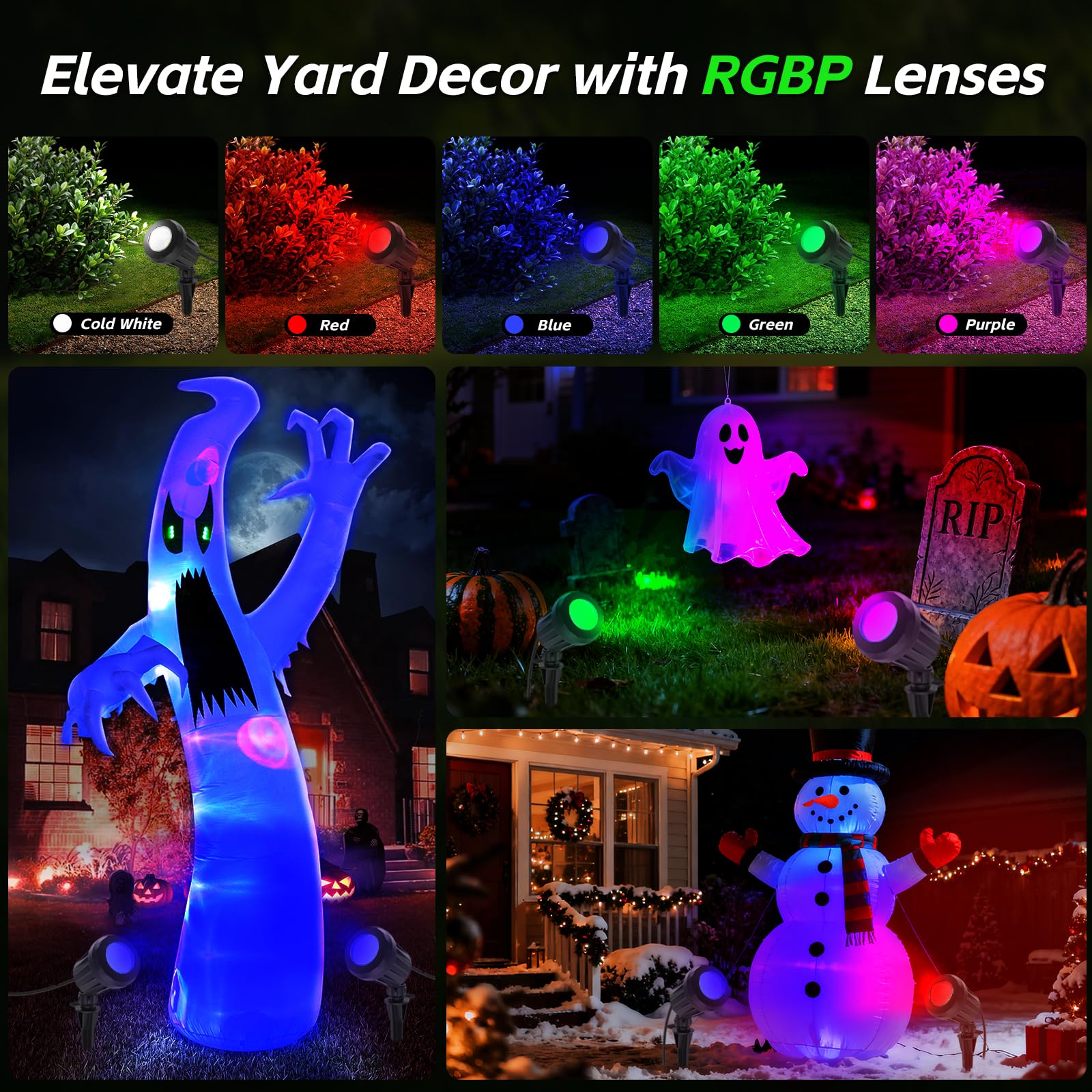 Holeva Halloween & Christmas Outdoor Spotlight  6500K Cool White Led Landscape Lighting With 4 Lenses (Rgb Purple)  Ip67 Waterproof  120V Plug-In For Yard  Garden Tree Holiday Decor(4 Pack  Black)
