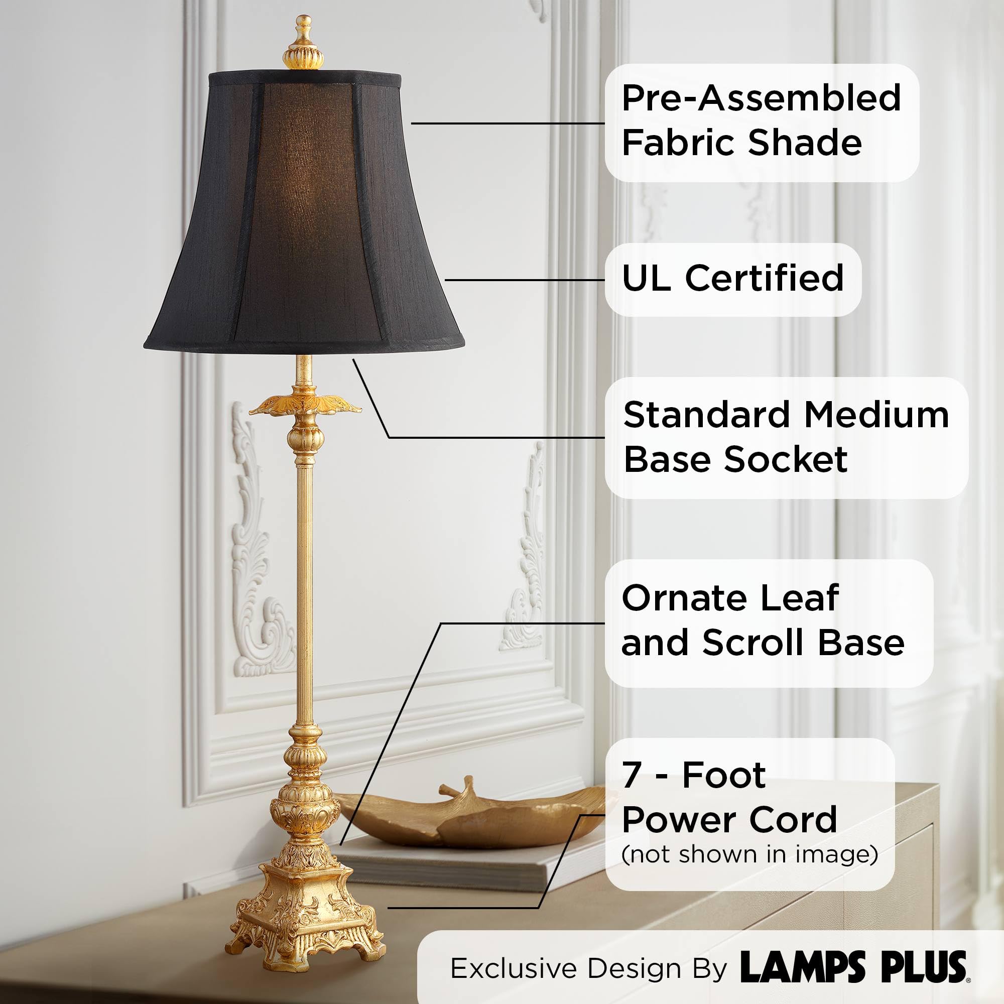 Regency Hill Buffet Table Lamps Set of 2, 36.5in Tall, Gold Metal, Black Fabric Bell Shade, Traditional Glam Style, Model 1R055