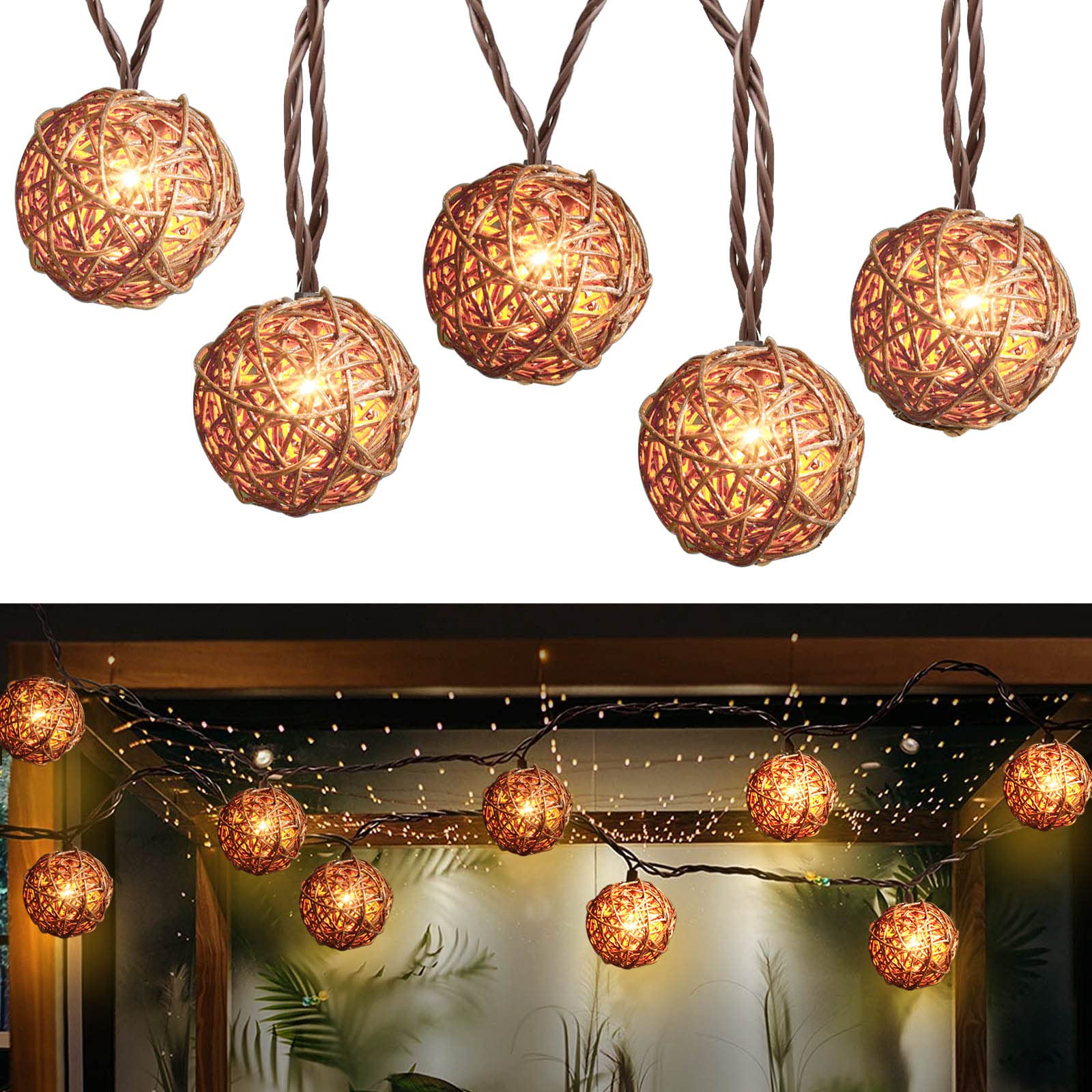 Rattan Christmas String Lights, 10 Counts Mini Natural Globe Rattan Ball, Wicker Lights For Patio, Wedding, Garden, Party, Home Decor, Indoor Outdoor Use, 7.92Ft (Rattan + Brown Cord)