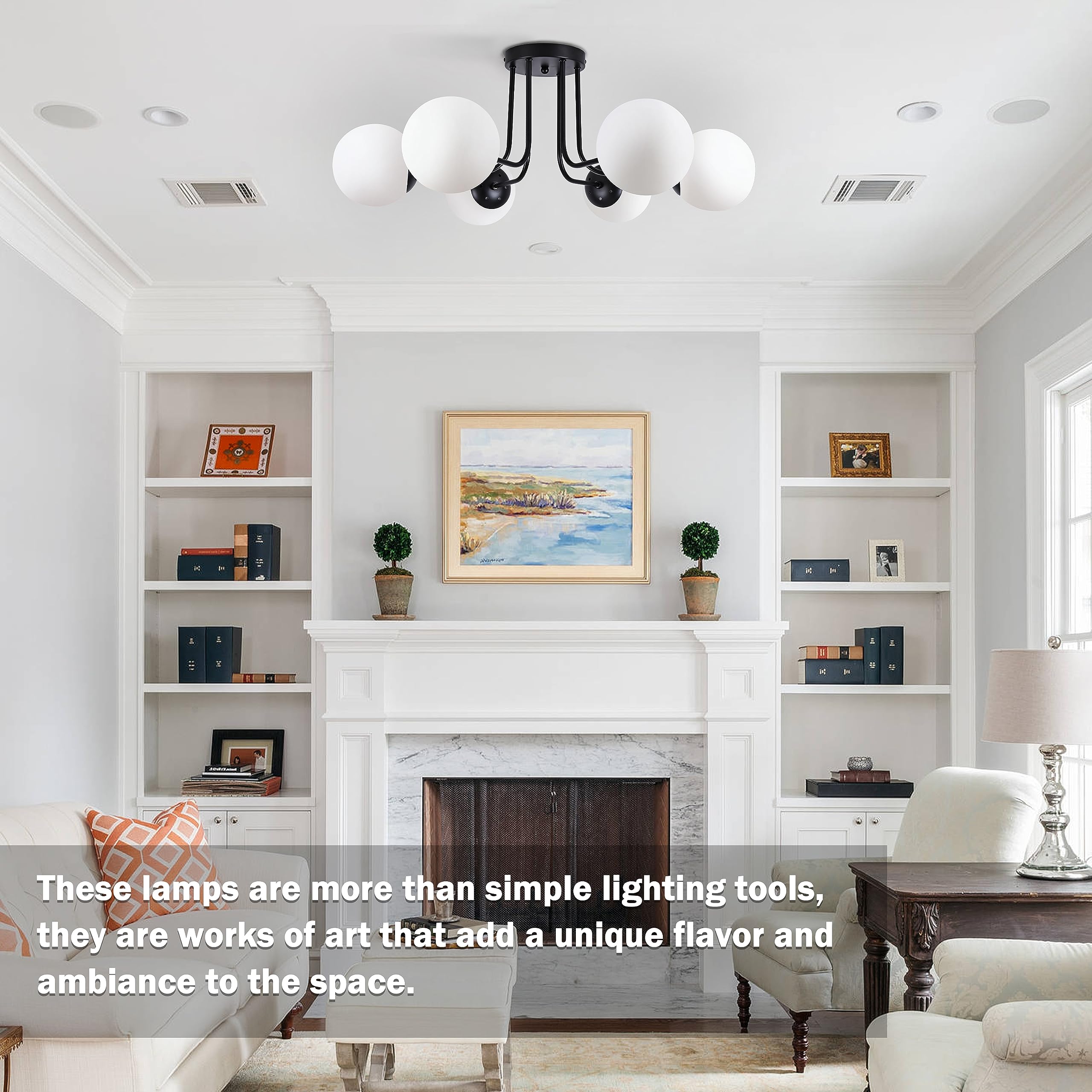 Koko&Yukina 6-Light Modern Semi Flush Mount Ceiling Light Fixture Mid Century Ceiling Light Globe Ceiling Light With Milk Glass