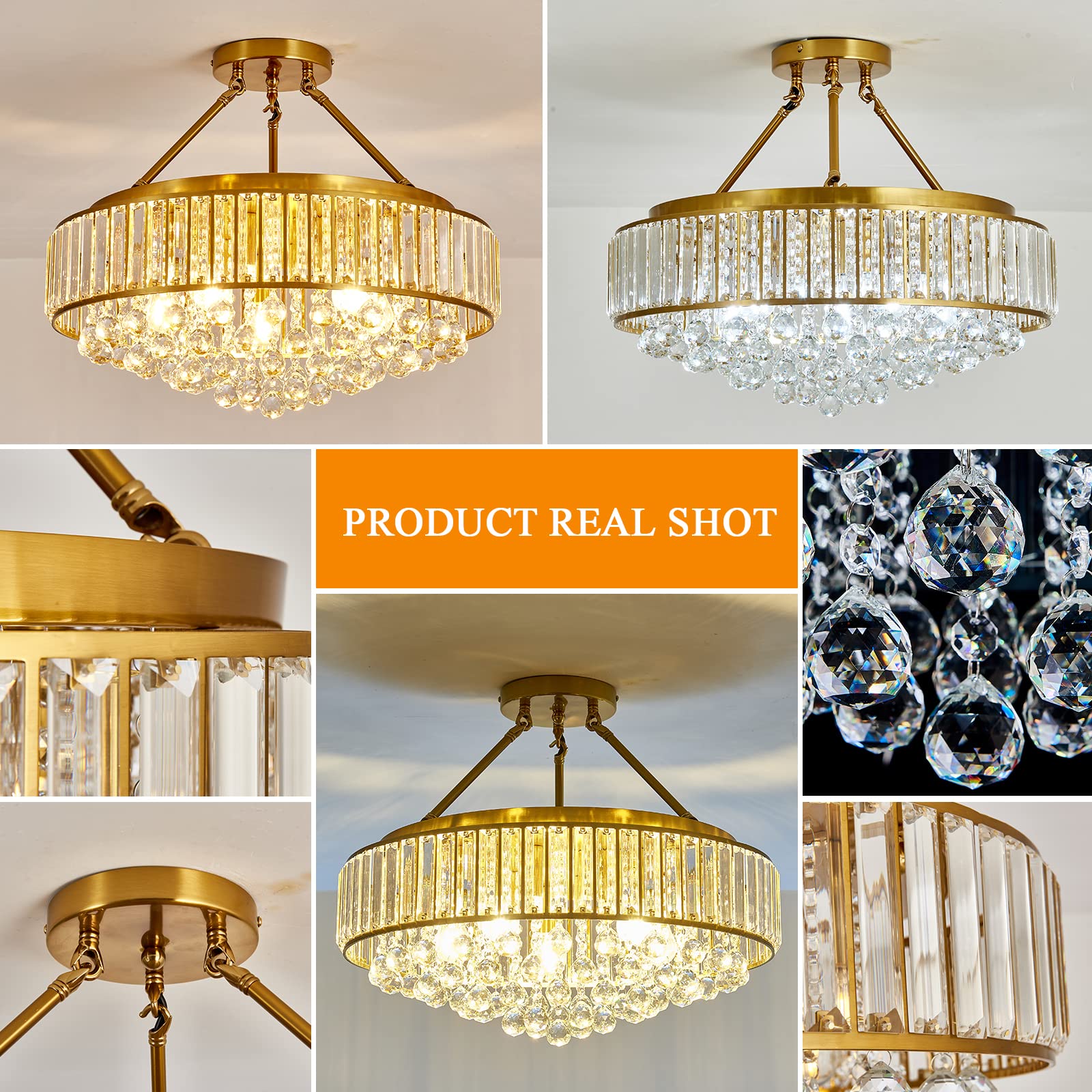 Yyjlx 6-Light Gold Crystal Chandelier Semi Flush Mount Ceiling Light For Dining Room & Foyer