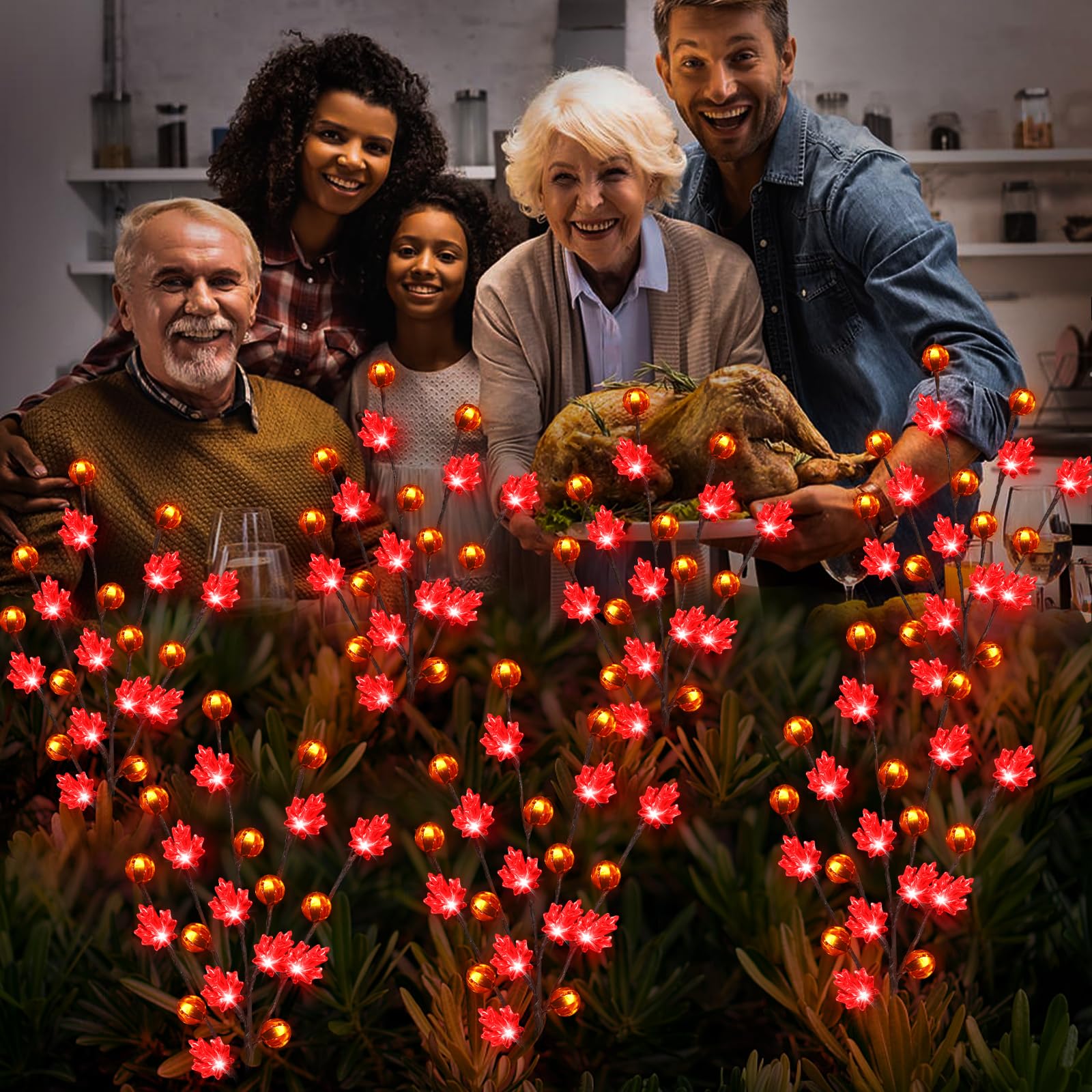 Behiller Solar Garden Path Lights, 80Led Red Maple Leaf & Pumpkin Decor For Thanksgiving 4Pack