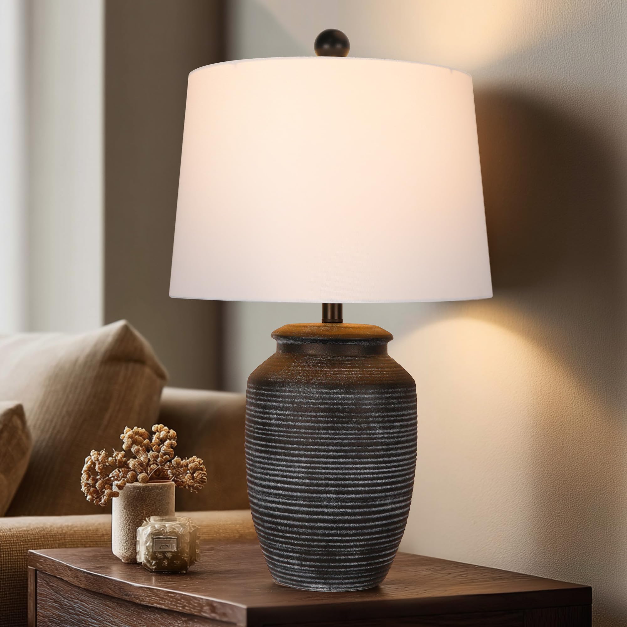QiMH Ceramic Table Lamp, Farmhouse Nightstand Lighting with White Linen Shade, Vintage Black Pottery Bedside Lamp for Living Roo