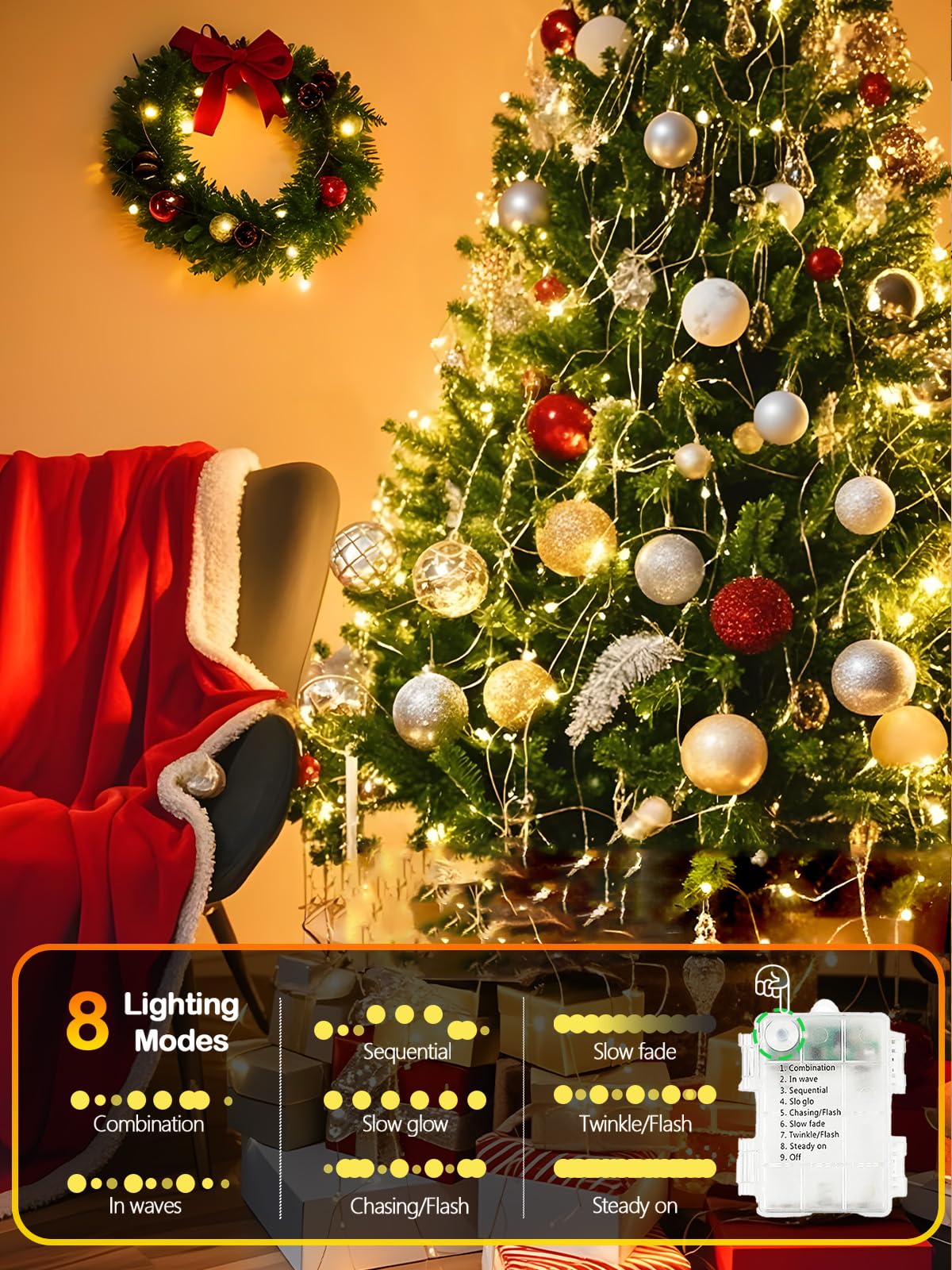 Albelt 4-Pack 33FT 100 LED Fairy Lights, Warm White, Battery Operated, Waterproof, Remote & Timer, 8 Modes, Model Sliver100