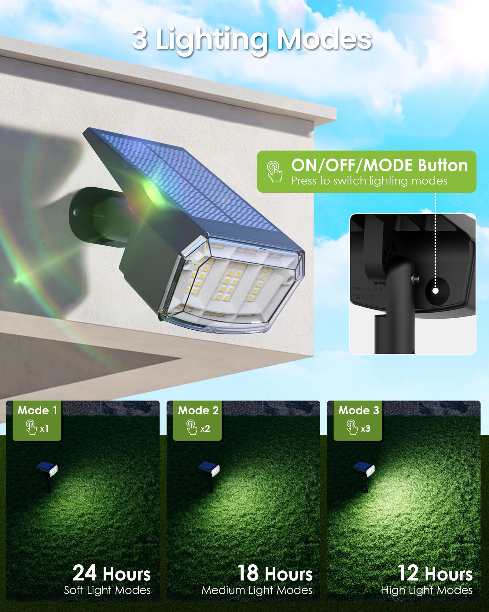 Auderwin Solar Spot Lights Outdoor Waterproof Landscape Spotlights 63 Leds 3 Lighting Modes Ip65 Solar Spot Lights For Outside,