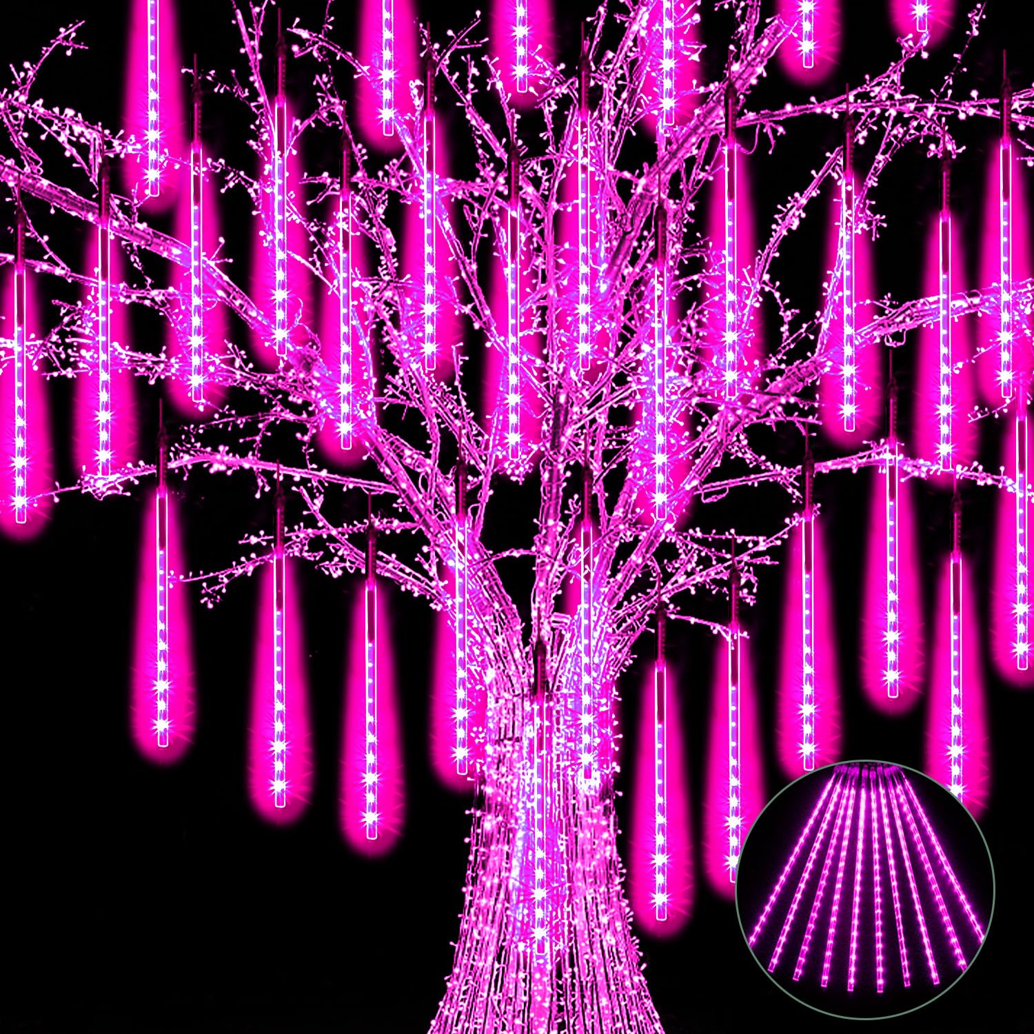 Jjgoo Christmas Lights Meteor Shower Rain Lights  10 Tube 12 Inch 240 Leds Icicle Light Outdoor Raindrop Light For Xmas Halloween Wedding Party Tree Holiday Decoration  Pink