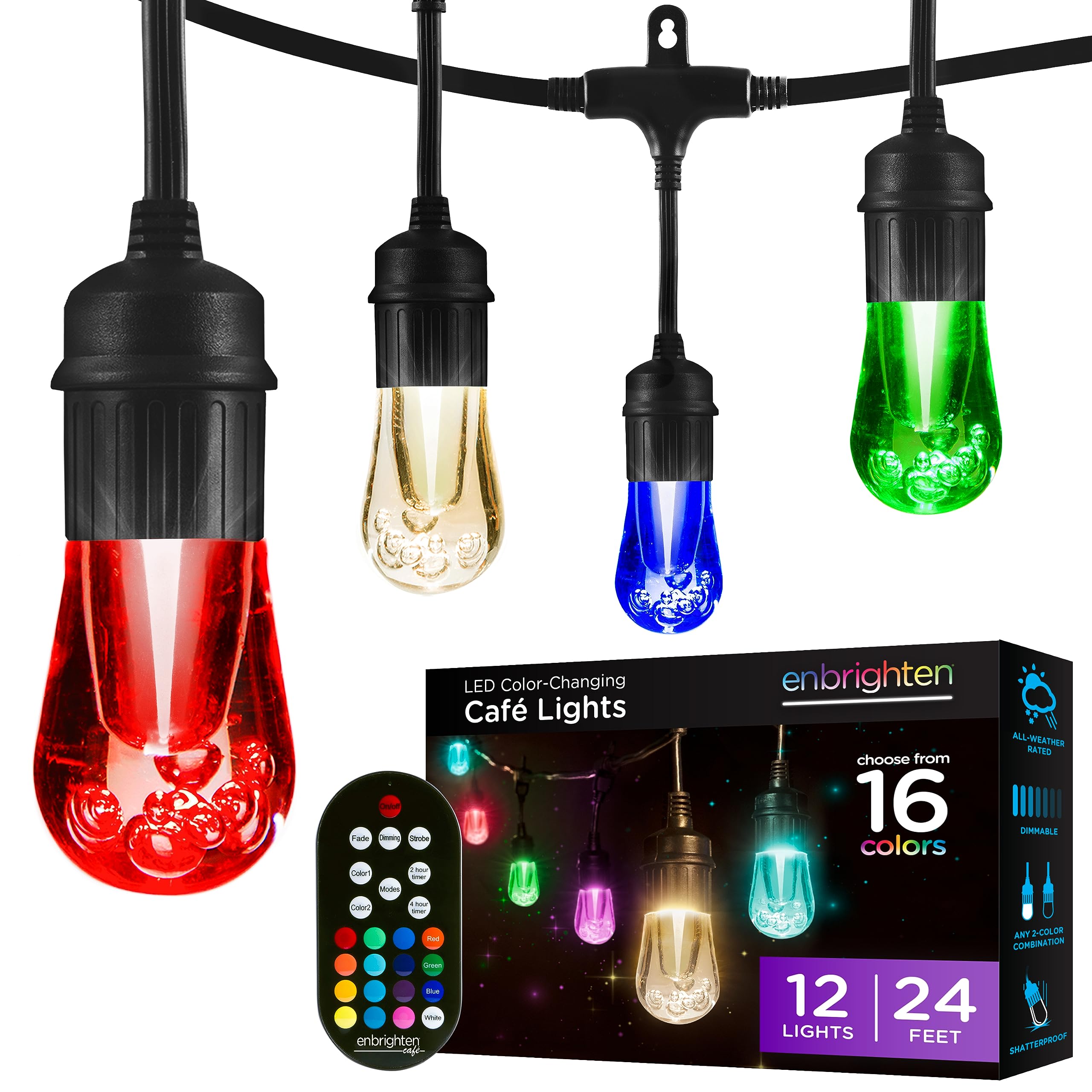Enbrighten Premium Color Changing String Lights, 24Ft Black Cord, 12 Shatterproof Acrylic Bulbs, Weatherproof, Remote Control, Dimmable Rgb Led, Outdoor String Lights, 37791