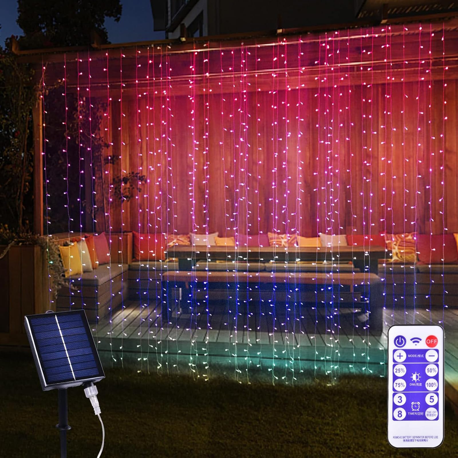XINXIANLIAN Solar Curtain Lights, 300 LED Twinkle Lights, Waterproof, Multicolor, 8 Modes for Indoor/Outdoor Christmas Decoration
