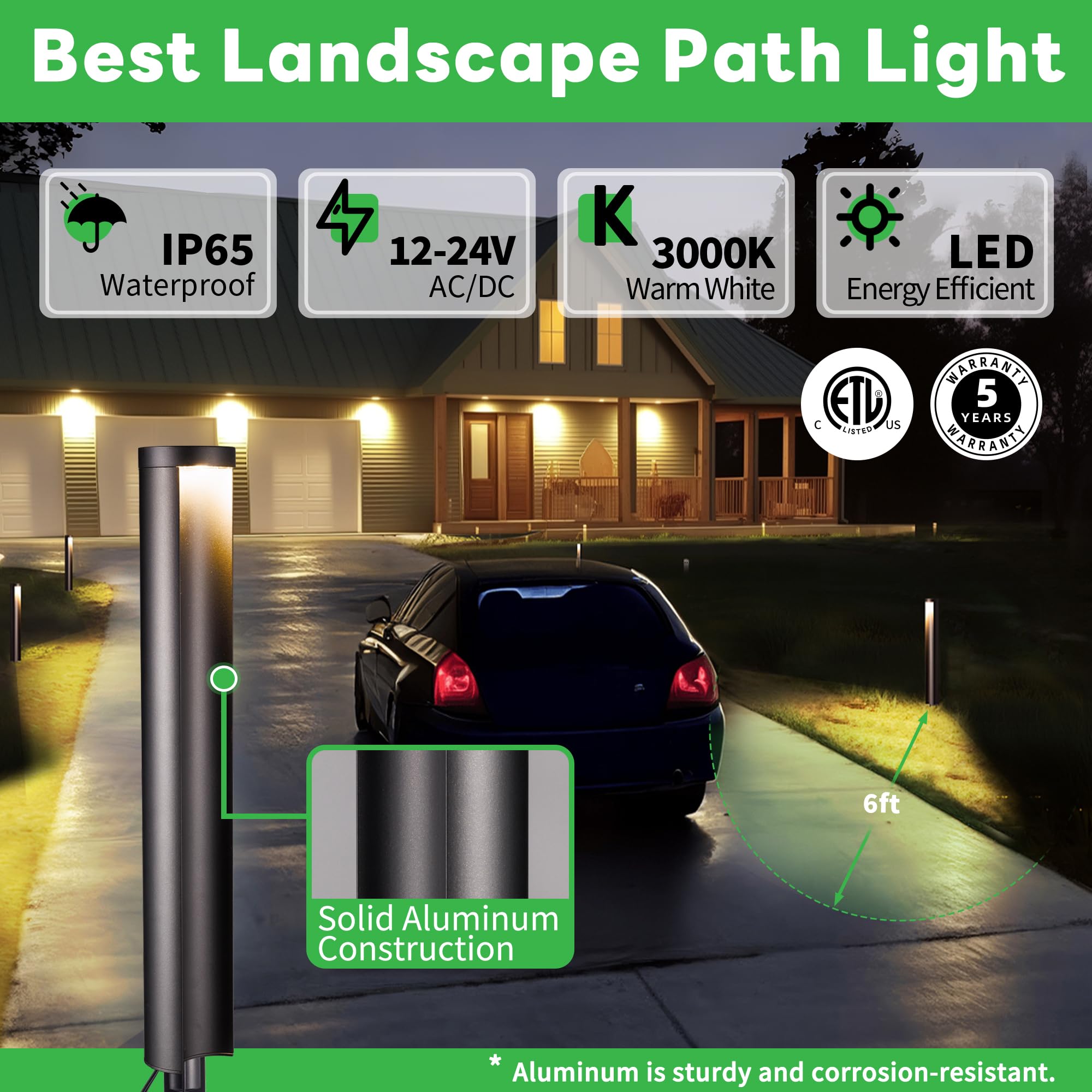 Varmtalys Low Voltage Pathway Lights, Led Landscape Path Lights, Outdoor Waterproof Ip65, Wired Black Aluminum, 5W 200Lm For Wal