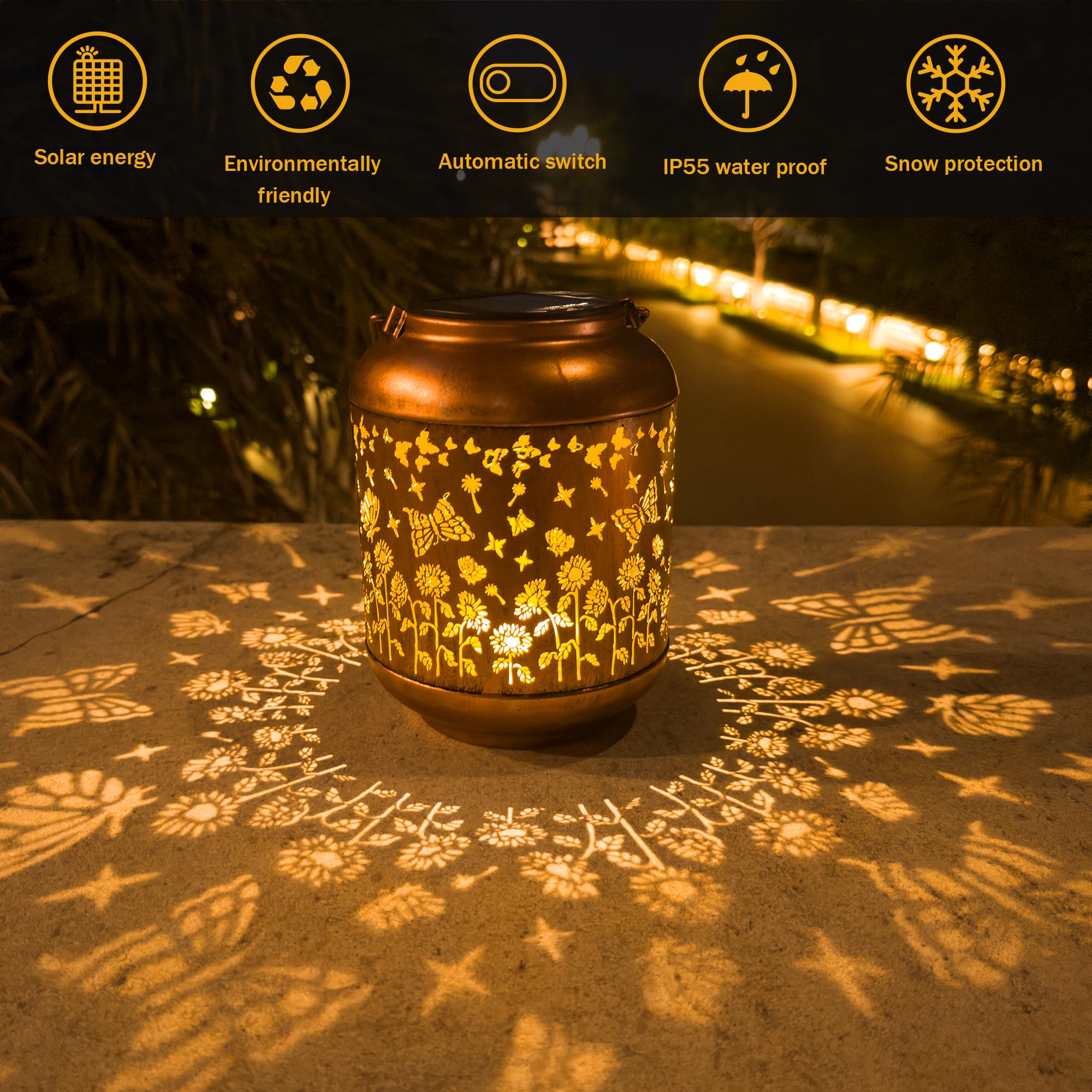 anytalk Outdoor Solar Lantern - Waterproof Hanging Lantern for Garden, Iron, Butterfly, Model Deco&Dot-Lantern B