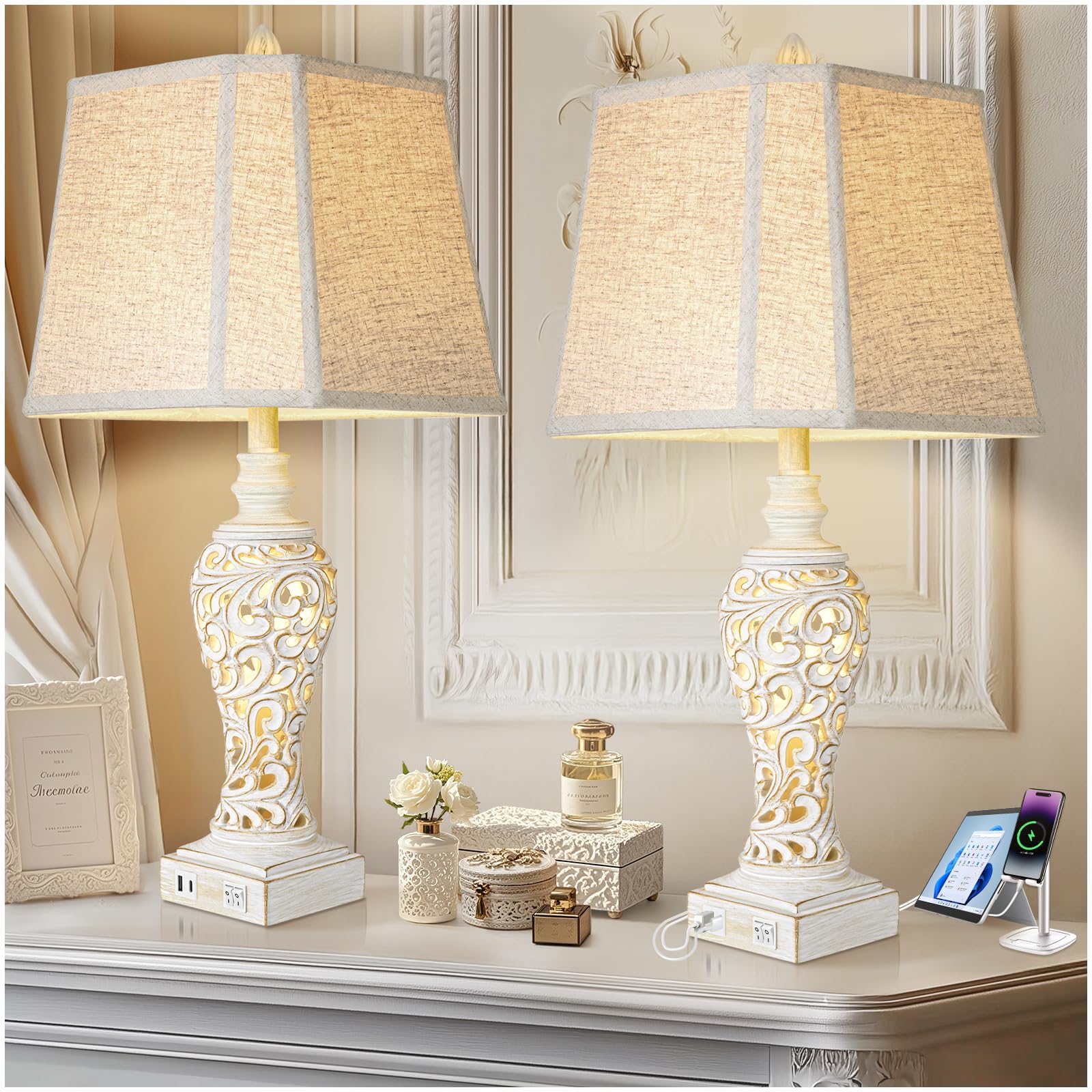 Vintage Table Lamps Set Of 2, 28.5'' High Bedside Lamps With Fabric Shade, Farmhouse Nightstand Lamps With Usb A+C Ports And Nig