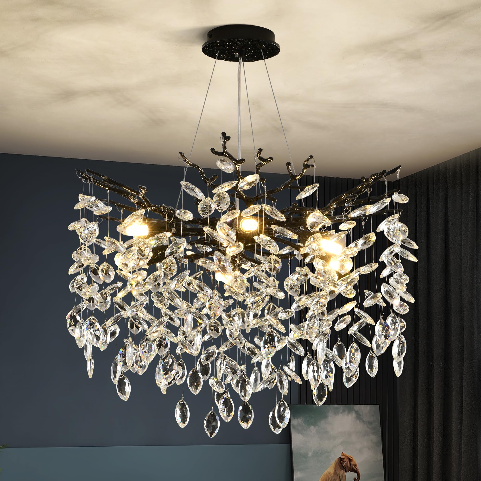 Upfelw Modern Crystal Tree Branch Chandelier  Black Round Art Deco Pendant Light Raindrop Lighting Fixture for Dining Room Bedroom Foyer 6 Lights D18