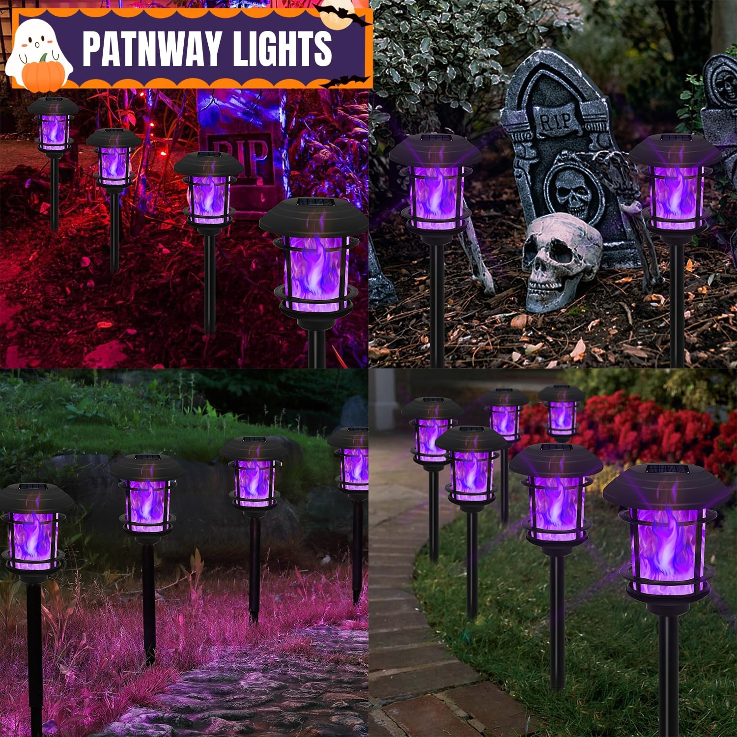 Dynaming 6 Pack Solar Flame Torch Lights Outdoor, Dual Use Flickering Purple Flame Garden Light, Hanging Lantern, Auto On/Off & Waterproof Halloween Lighting For Lawn Patio Yard Walkway Driveway
