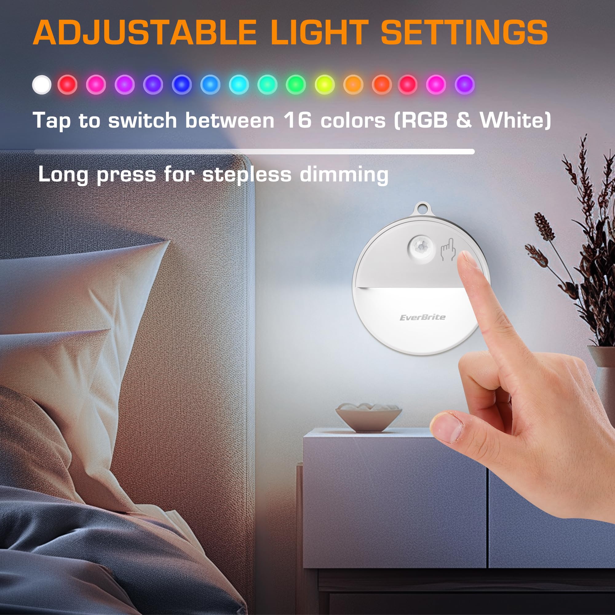Everbrite Led Motion Sensor Night Light, Dimmable Night Lights With 15 Rgb Colors, Cool White Motion Activated Led Night Light F
