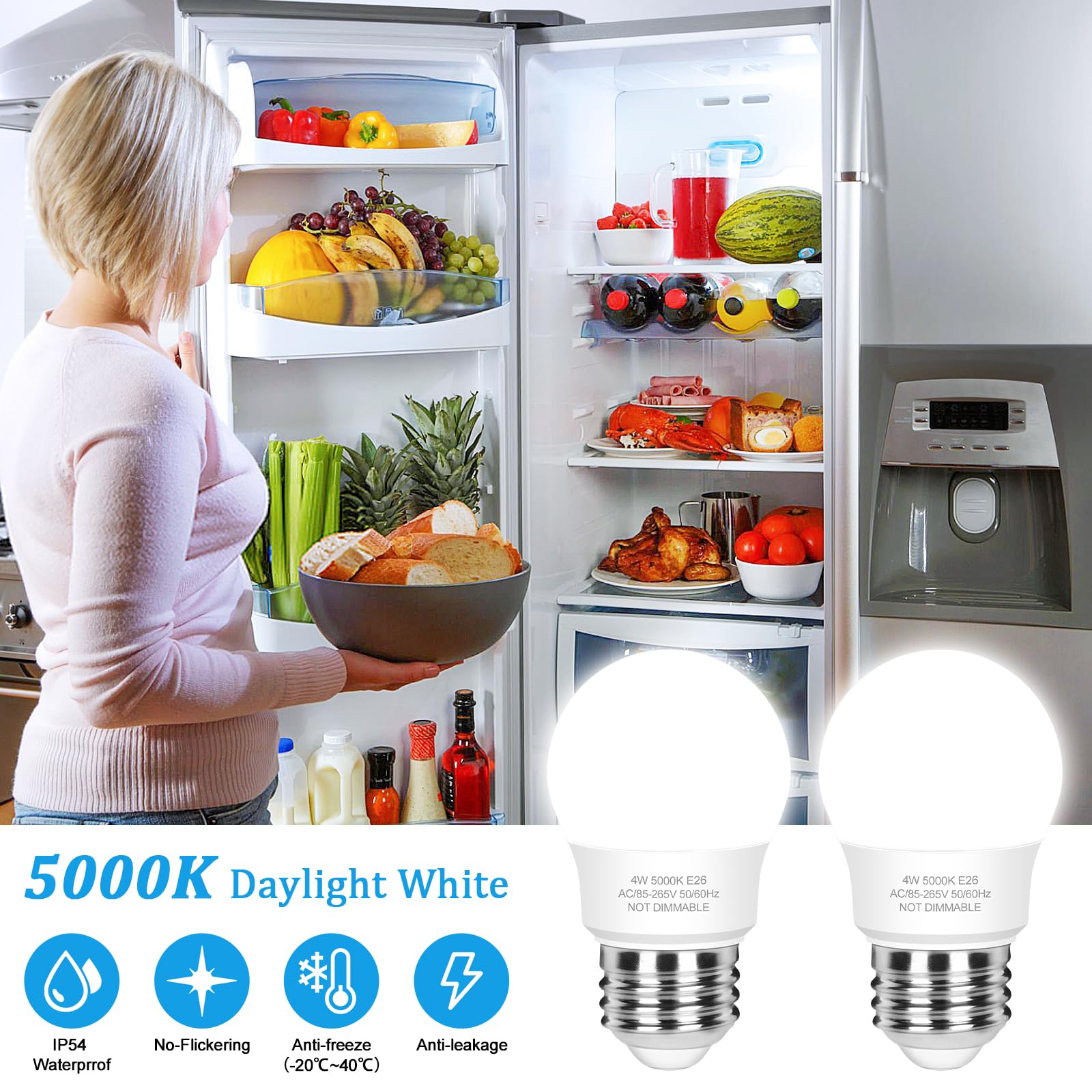 Brightever LED Refrigerator Light Bulb 4W 5000K Daylight White A15 Waterproof E26 Model G45-2014G, 2 Packs