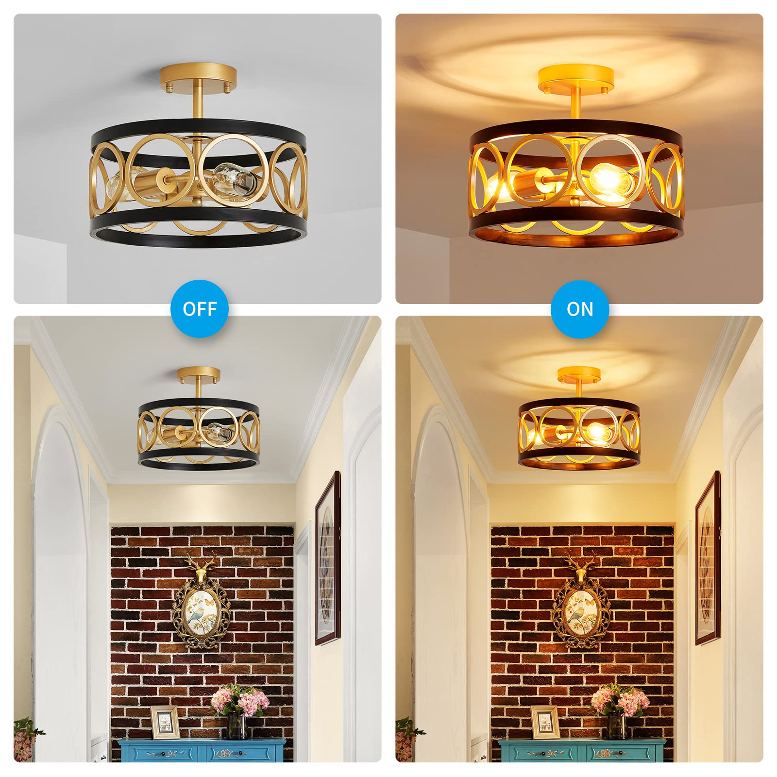 XINGQI Modern Drum Chandelier Ceiling Light, Black and Gold Metal, 13" Semi Flush Mount for Living Dining Room Bedroom