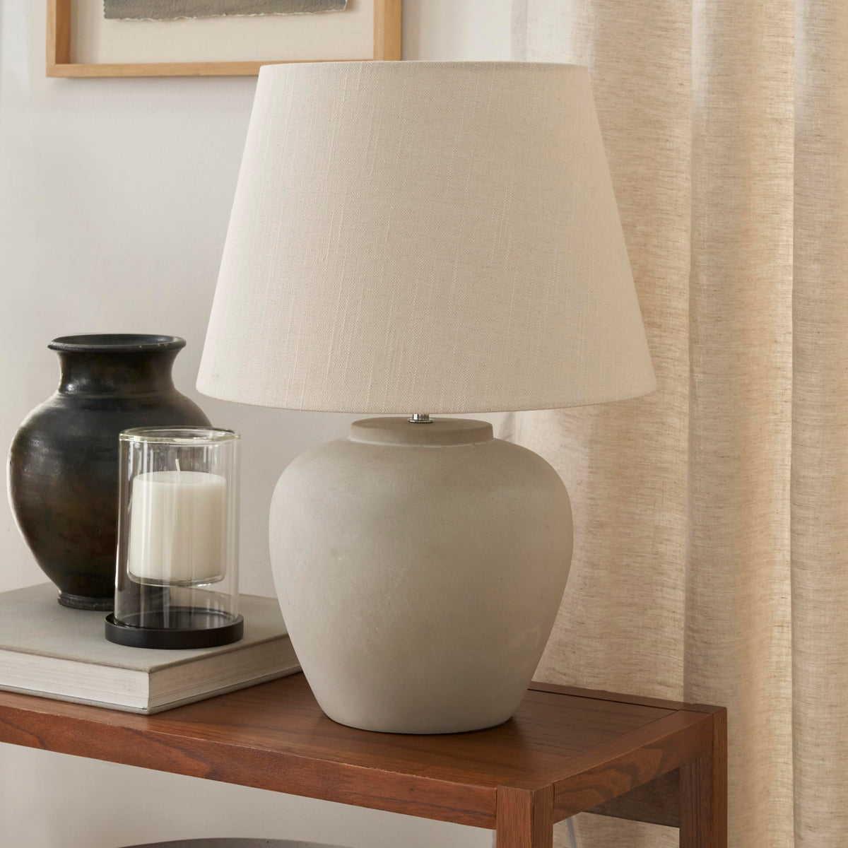Nourison 20'' Light Grey Ceramic Pot Table Lamp for Bedroom, Living Room, Console, Entryway