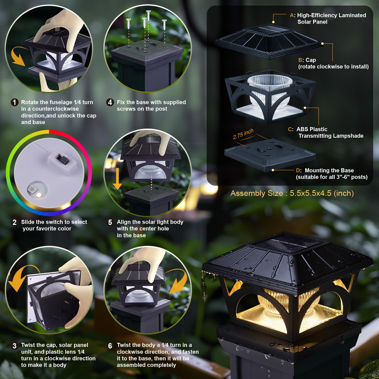AEFRELEOHT Solar Post Cap Lights, 20 Lumens, Warm White & RGB, 6 Pack, Black, Compatible with 3.5x3.5 to 5x