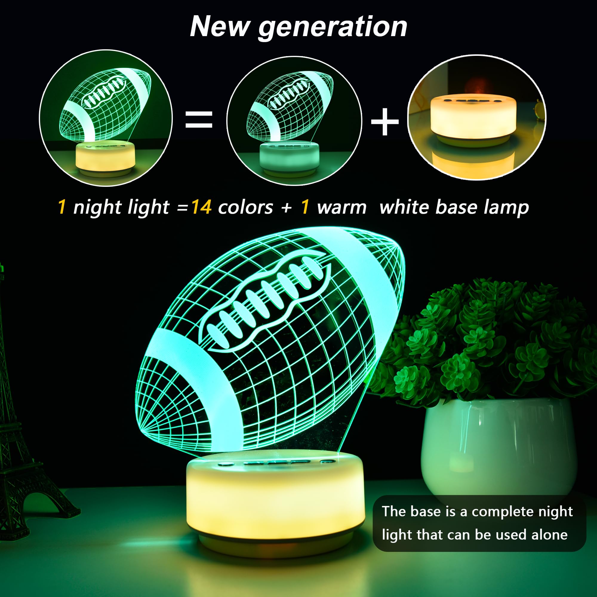 Childrenlive Football Night Light, 3D LED Lamp, 14 Colors, Remote Control, Plastic, Model CH002, Bedroom Sports Decor