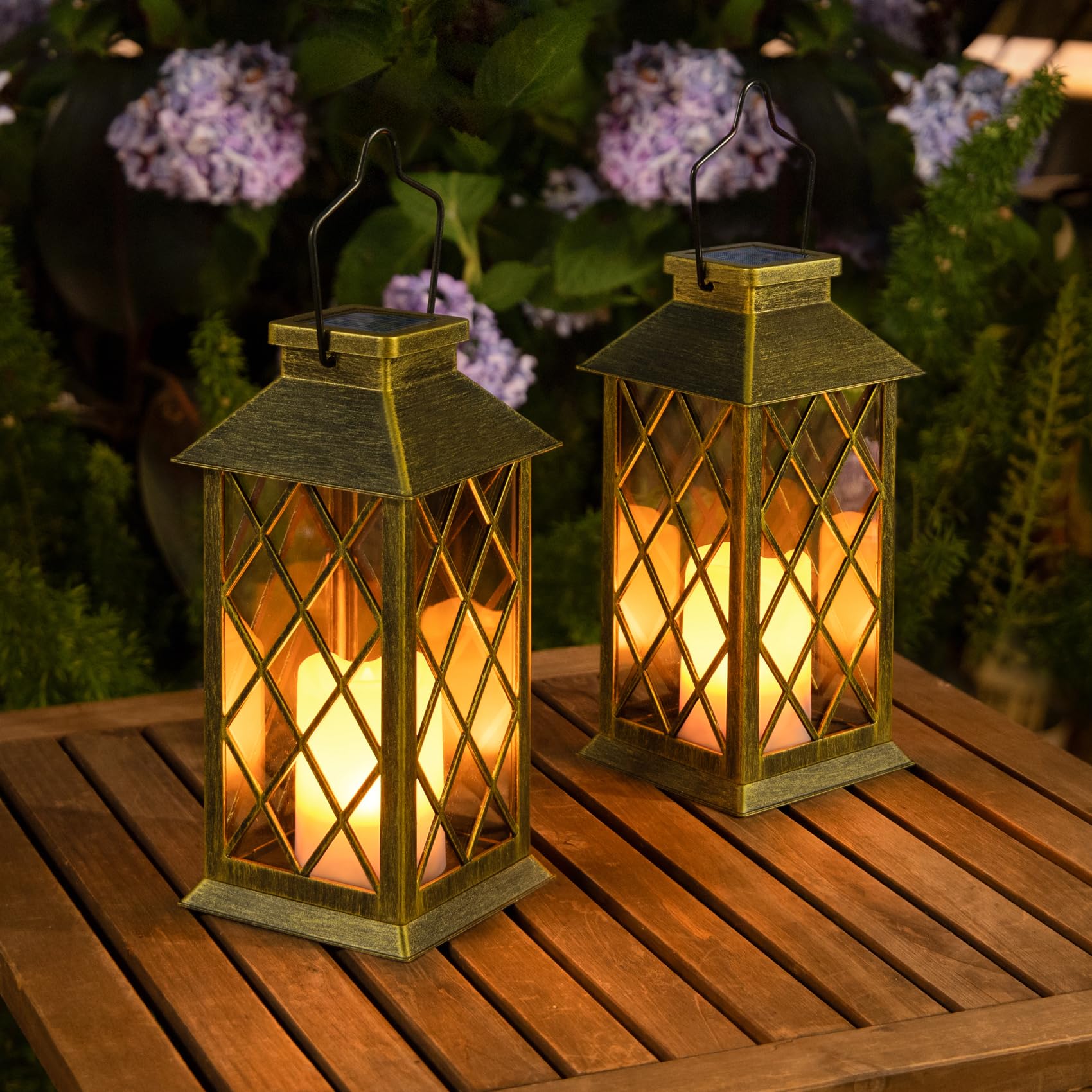 HOMEIMPRO 2Pack Solar Lanterns Waterproof Antique Green Bronze 11in Flickering Candle Lights for Outdoor Garden Patio