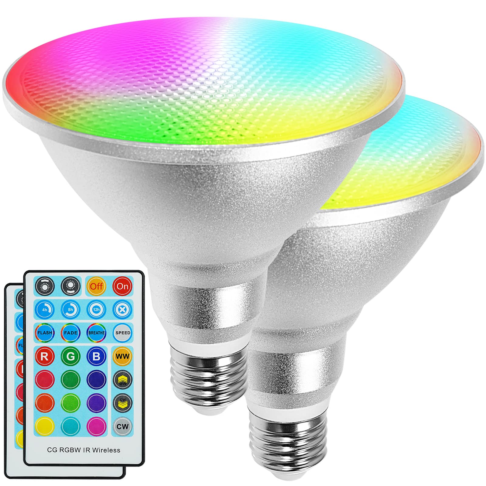 Uooiumoy 30W Led Par38 Flood Light Bulb, Rgbw Color Changing, Waterproof, Remote Control, 2 Pack