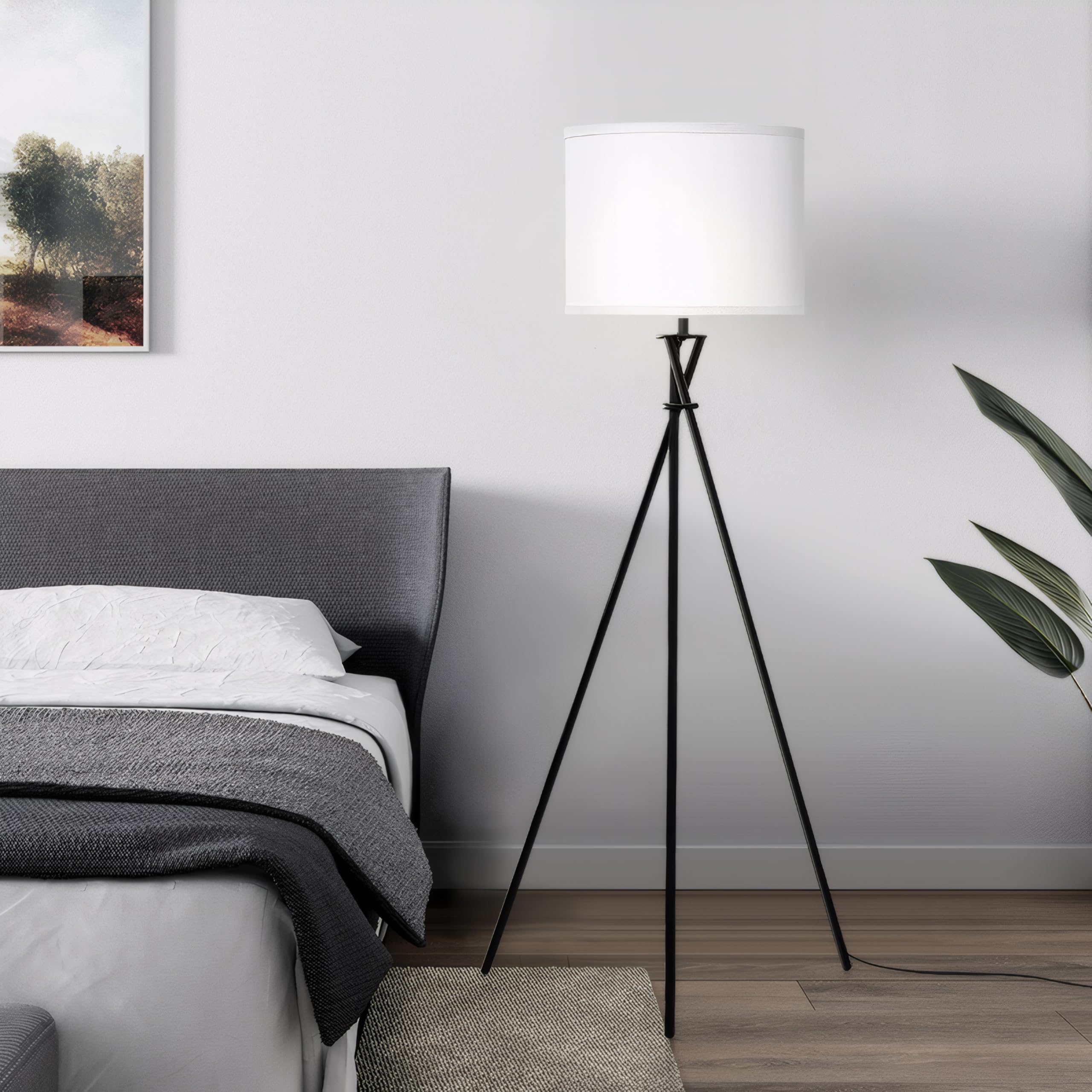 Luvkczc Tripod Floor Lamp, 61” Modern Design, Black Metal with White Shade, Model 1FL-054A