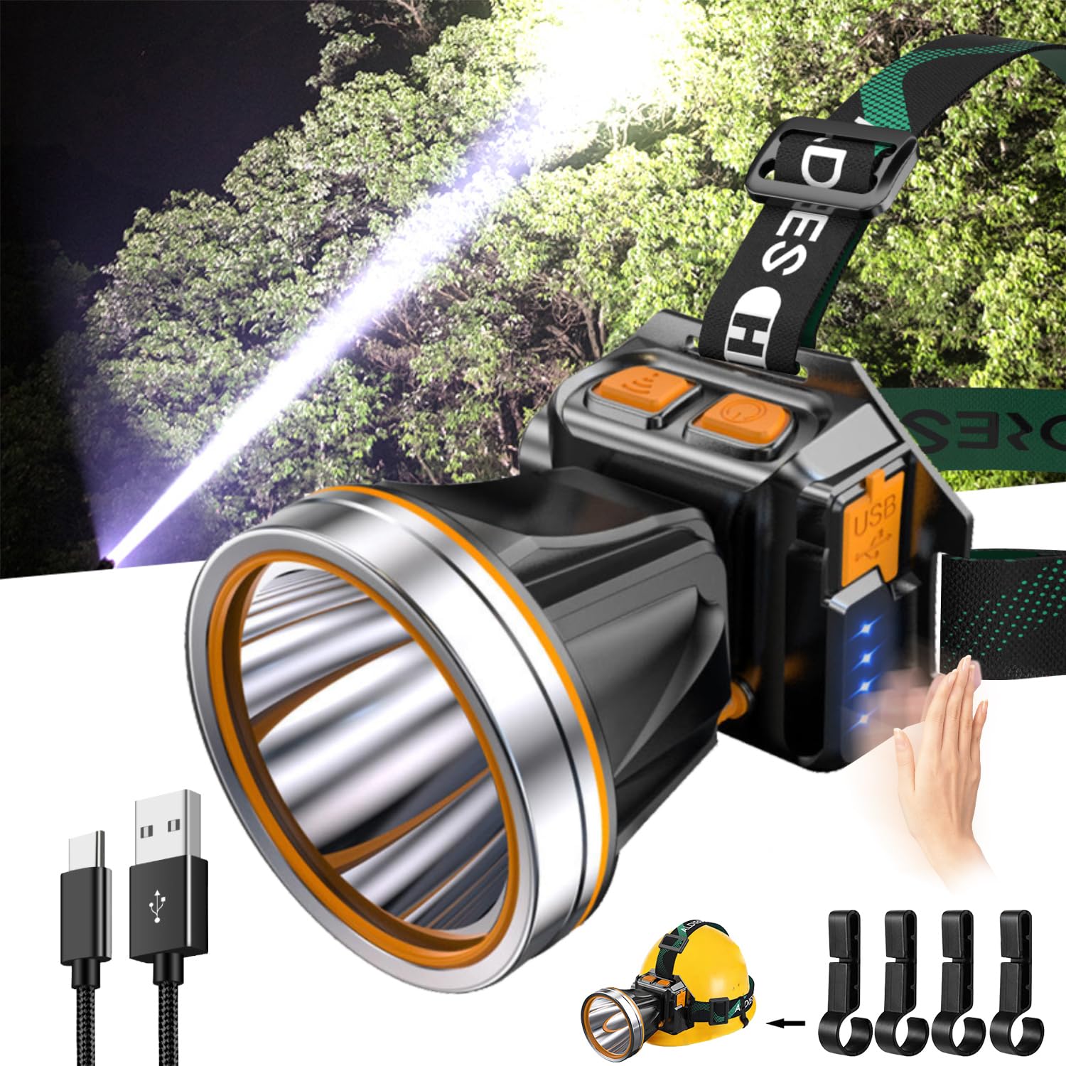 Pinsai High Power Led Headlamp Super Bright Adult Motion Sensor Headlight Spotlight Waterproof Rechargeable Outdoor Hunting Light Flashlight Portable Head Lamp For Fishing Camping Hiking