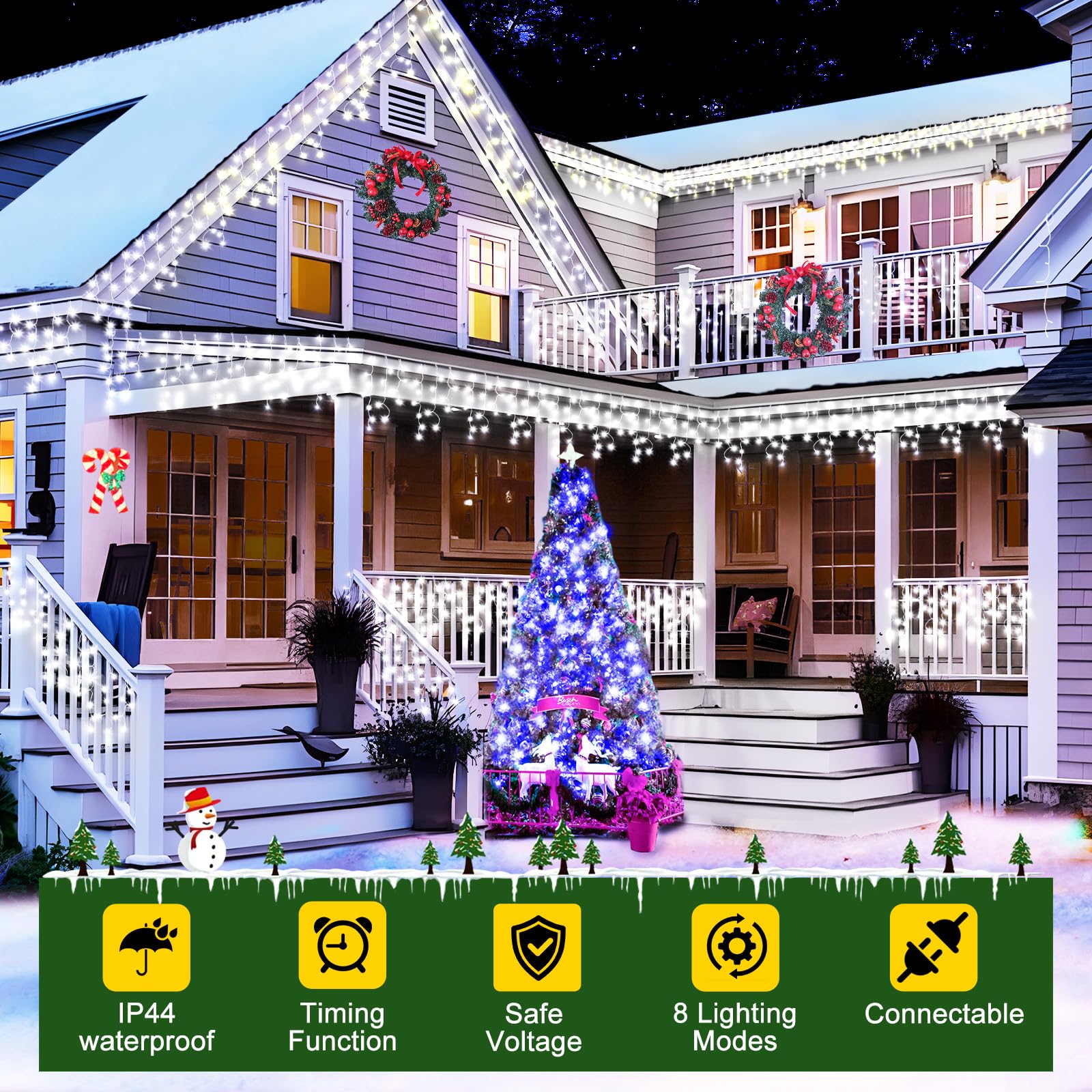 Sauirs 2Pack 320 Led Christmas Lights Outdoor Decorations With 120 Drops Timer 8Mode 66Ft Curtaing Lights Waterproof Plug In Fai