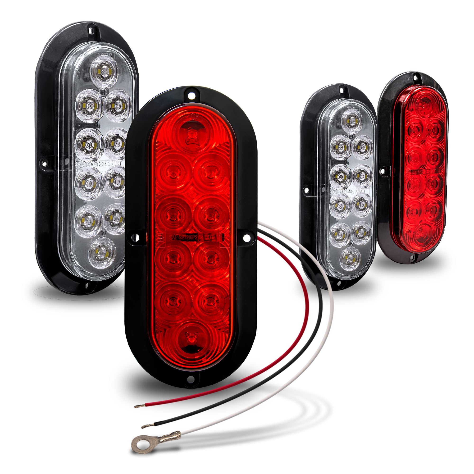 2 Red + 2 White 6 Inch Oval Led Trailer Tail Light Kit [Surface-Mount] [Dot Fmvss 108 & Sae] [Ip67 Waterproof] Stop Brake Turn Reverse Back Up Trailer Lights For Rv Truck