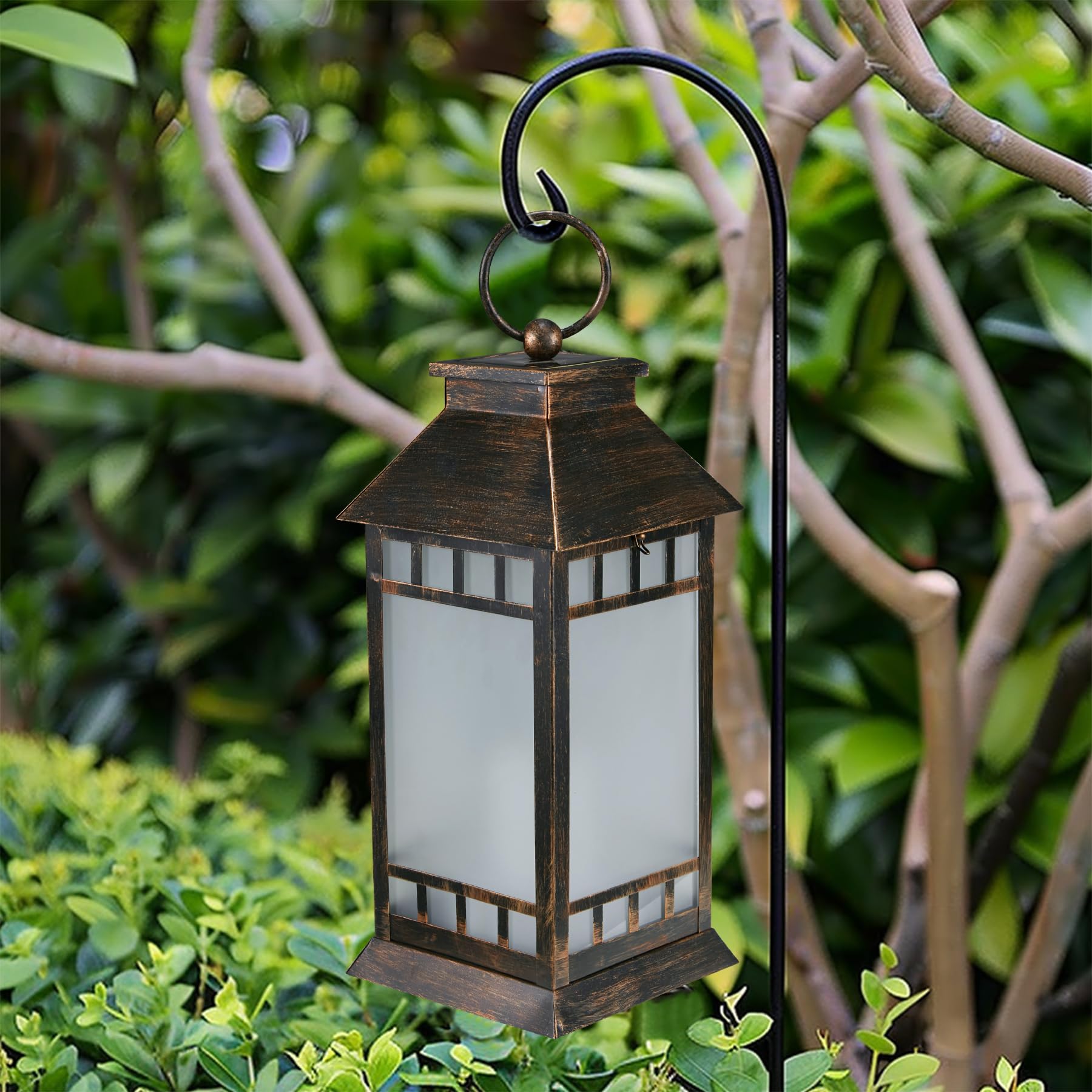 18'' Glass Solar Lantern Outdoor Waterproof, Large Hanging Solar Lanterns With Flickering Flame Lights, Metal Outdoor Lantern De